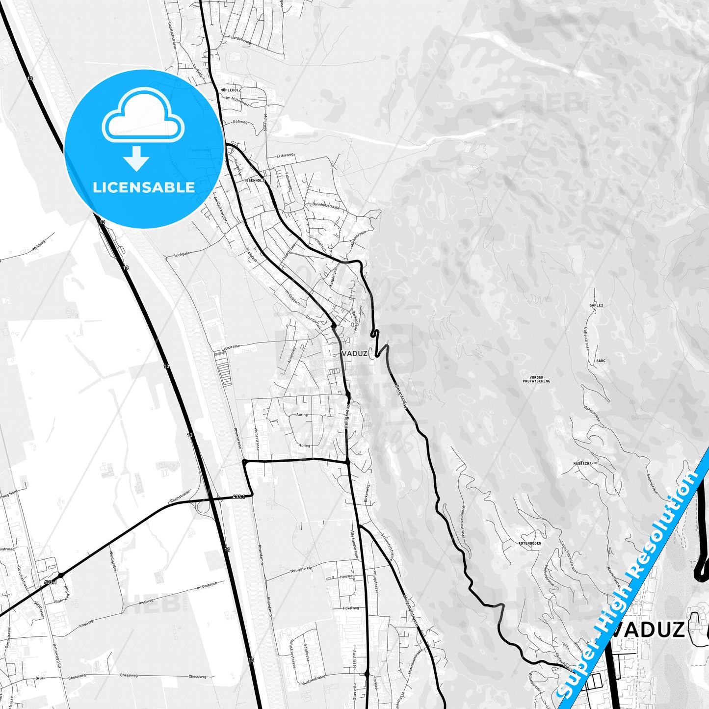 Vaduz, Liechtenstein Light Map with Street Names, City Names, and Districts