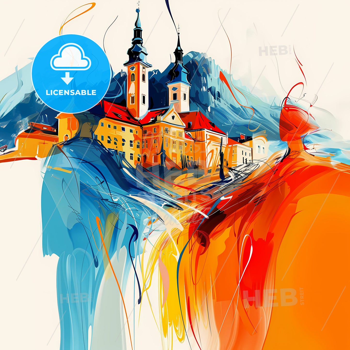 Vibrant Vaduz, Liechtenstein - A Painting Of A Building With Towers And A Mountain In The Background