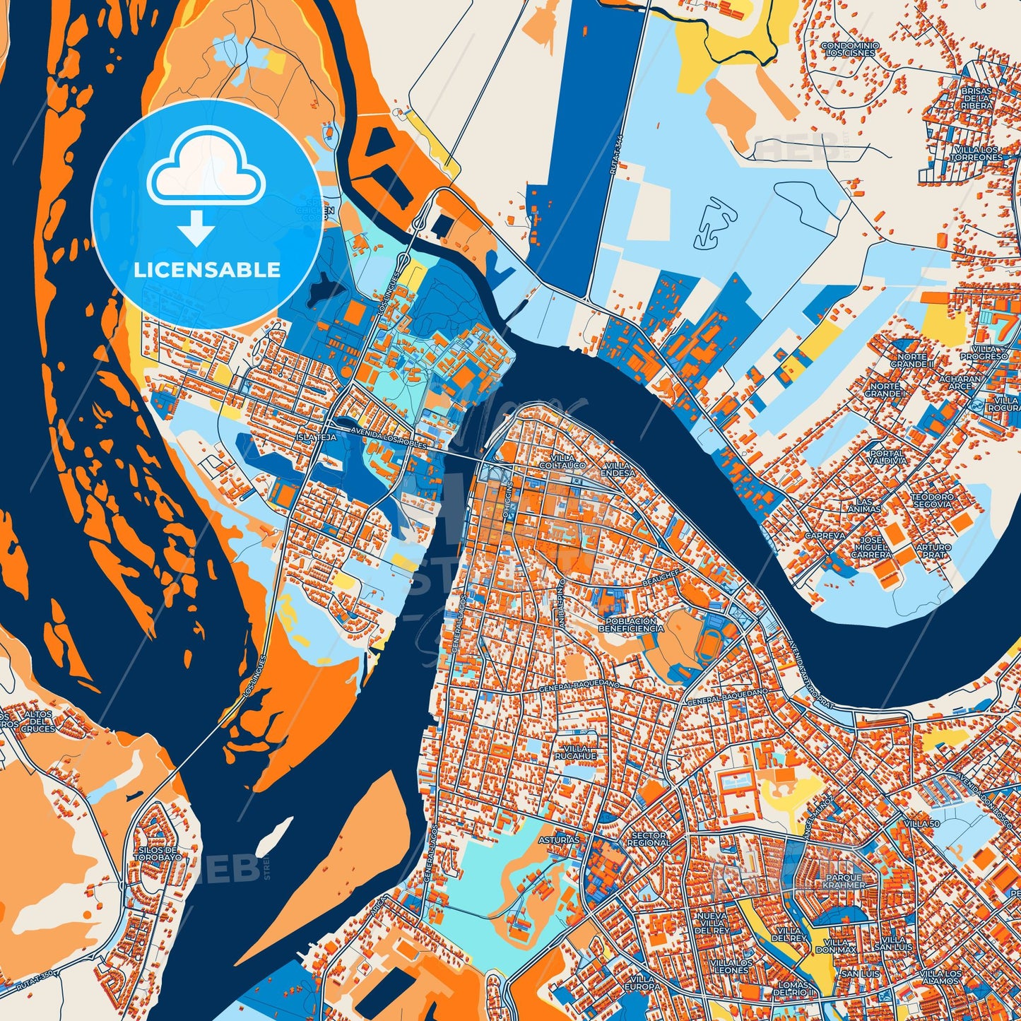 Colorful Valdivia Street Map with Labels and Buildings