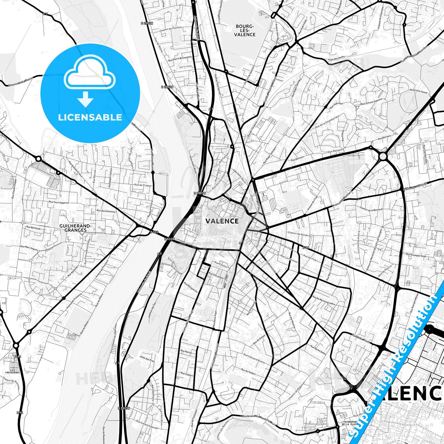 Valence, France Light Map with Street Names, City Names, and Districts