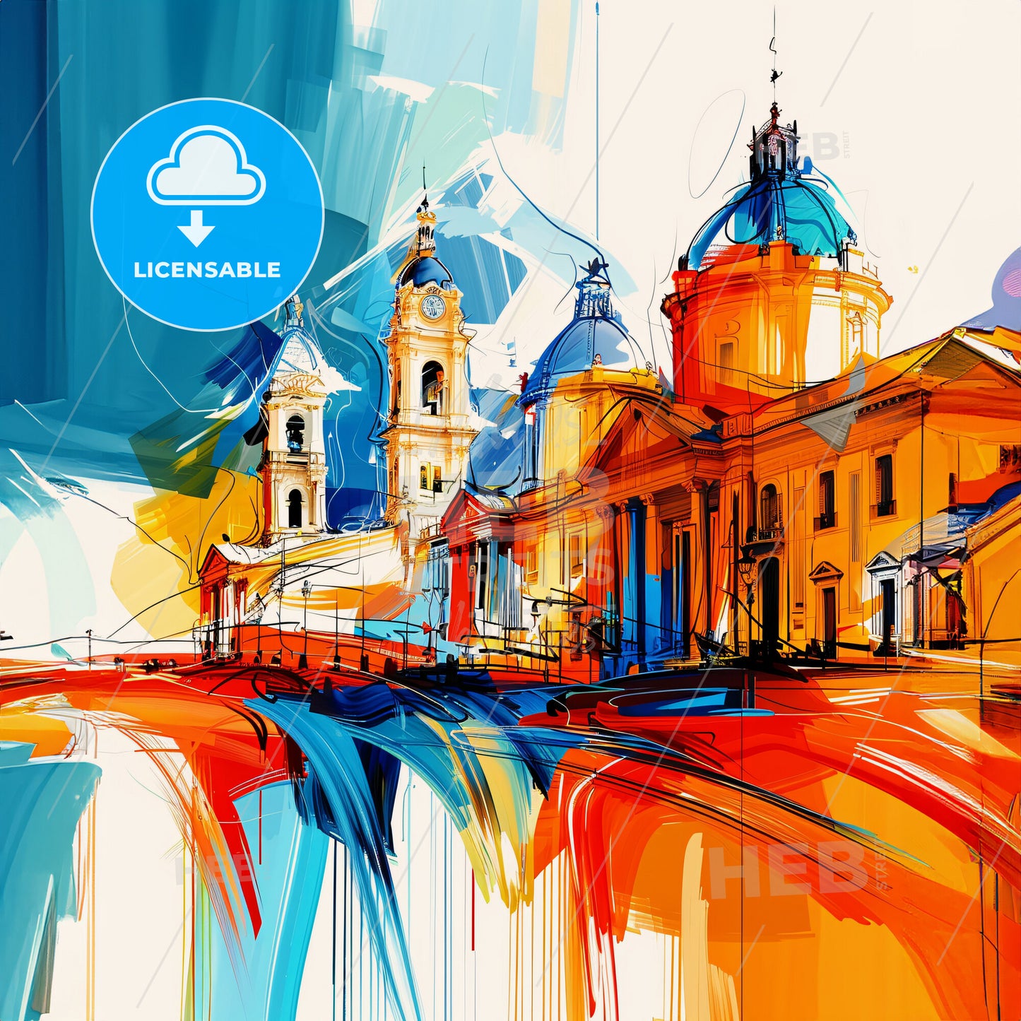 Vibrant Valencia, Spain - A Painting Of A Building With Towers And A Blue And Orange Background