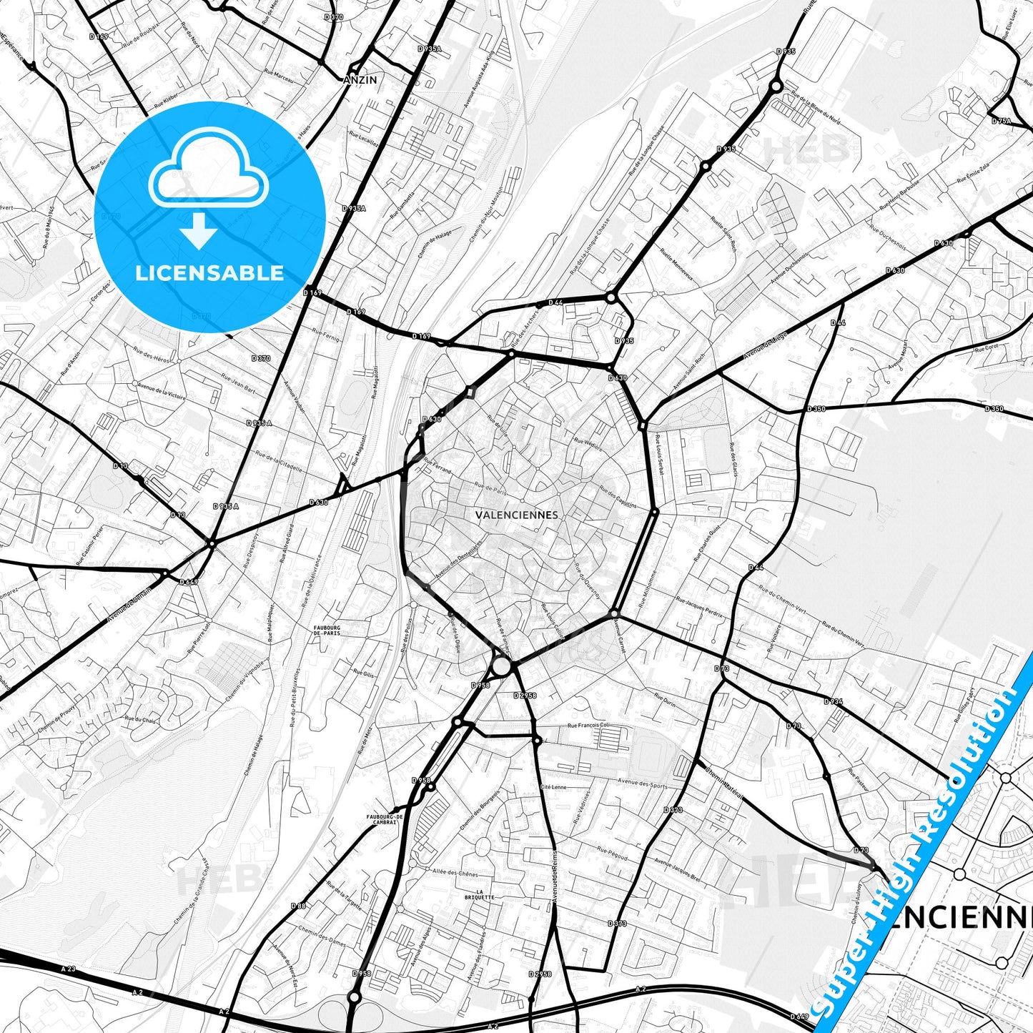 Valenciennes, France Light Map with Street Names, City Names, and Districts