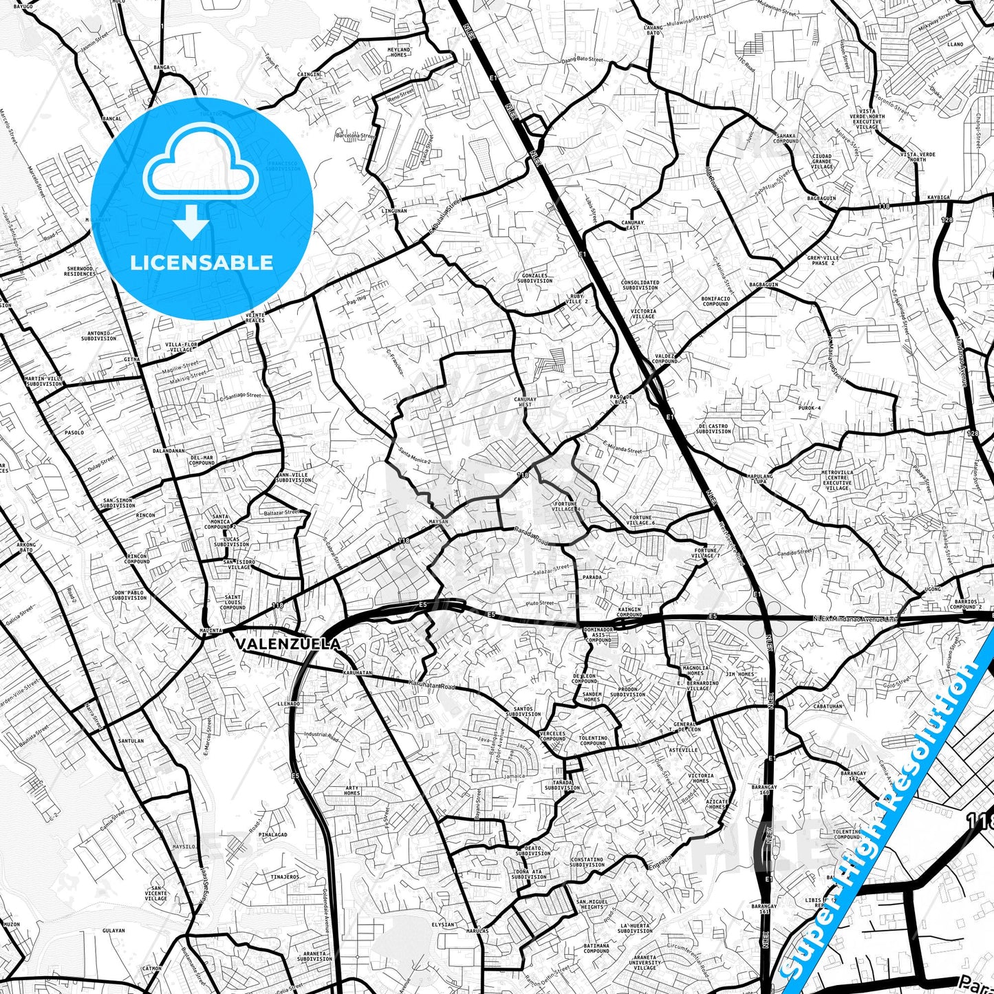Valenzuela, Philippines Light Map with Street Names, City Names, and Districts