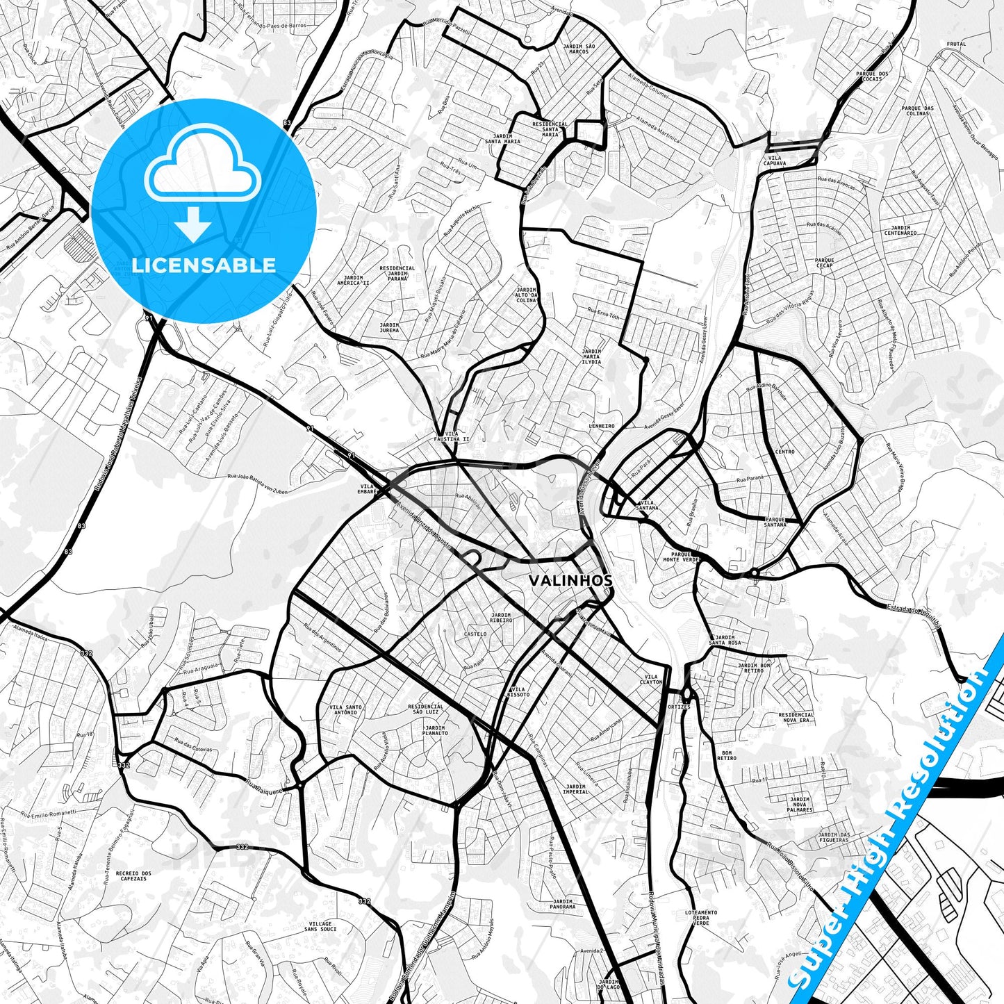Valinhos, Brazil Light Map with Street Names, City Names, and Districts