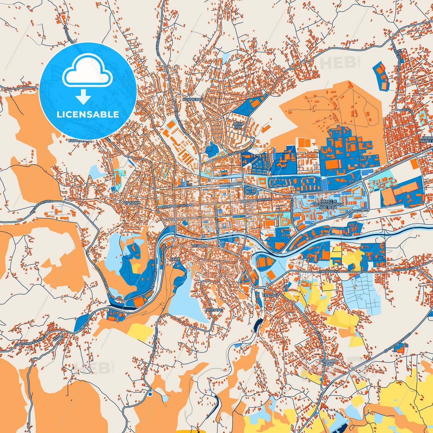 Colorful Valjevo Street Map with Labels and Buildings