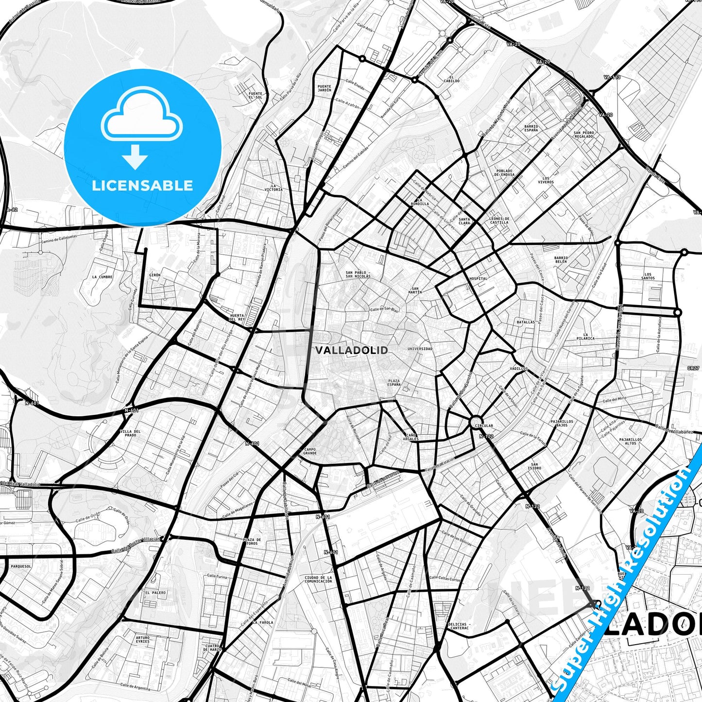 Valladolid, Spain Light Map with Street Names, City Names, and Districts