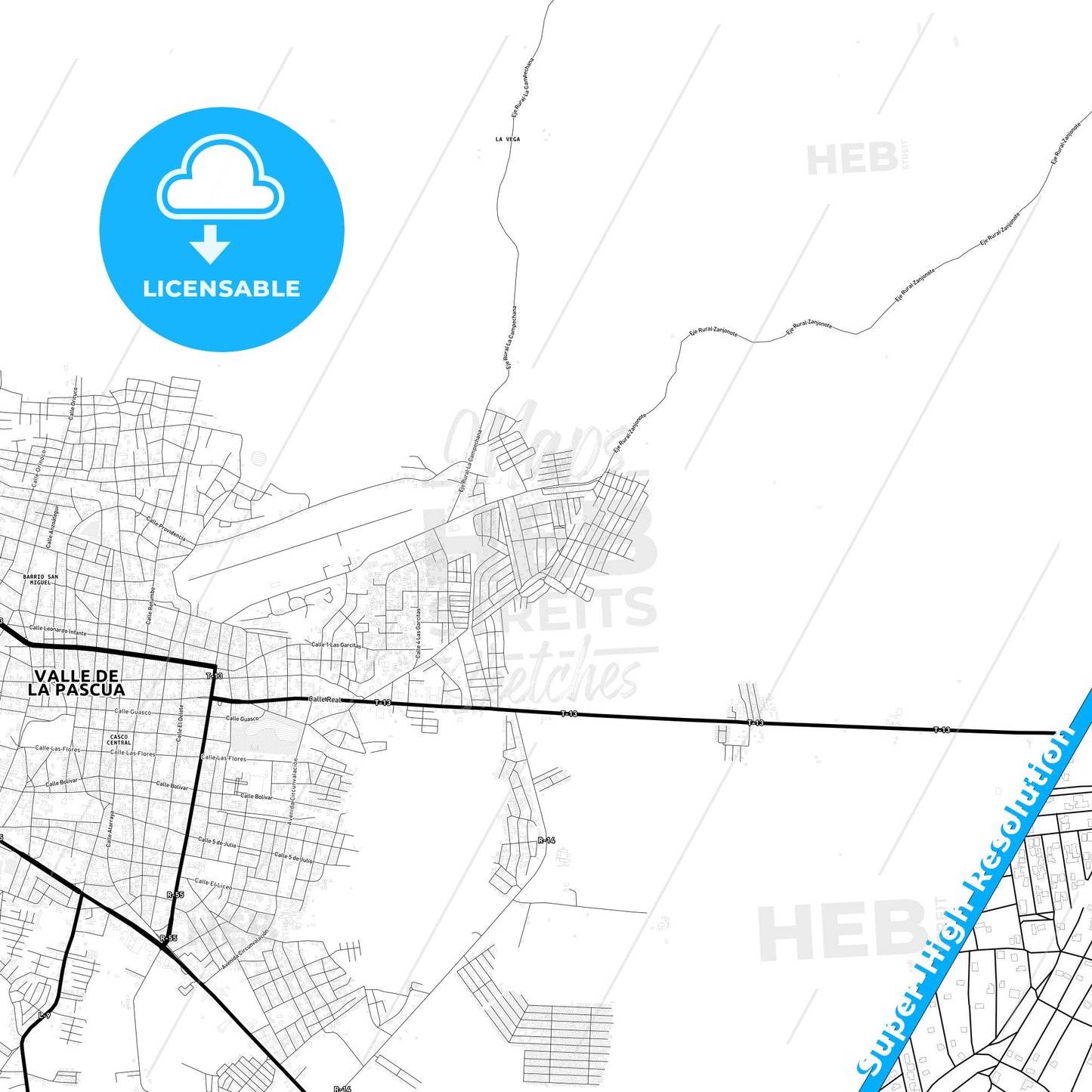 Valle de La Pascua, Venezuela Light Map with Street Names, City Names, and Districts