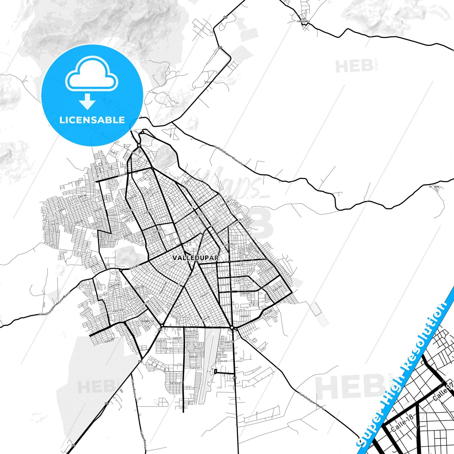 Valledupar, Colombia Light Map with Street Names, City Names, and Districts