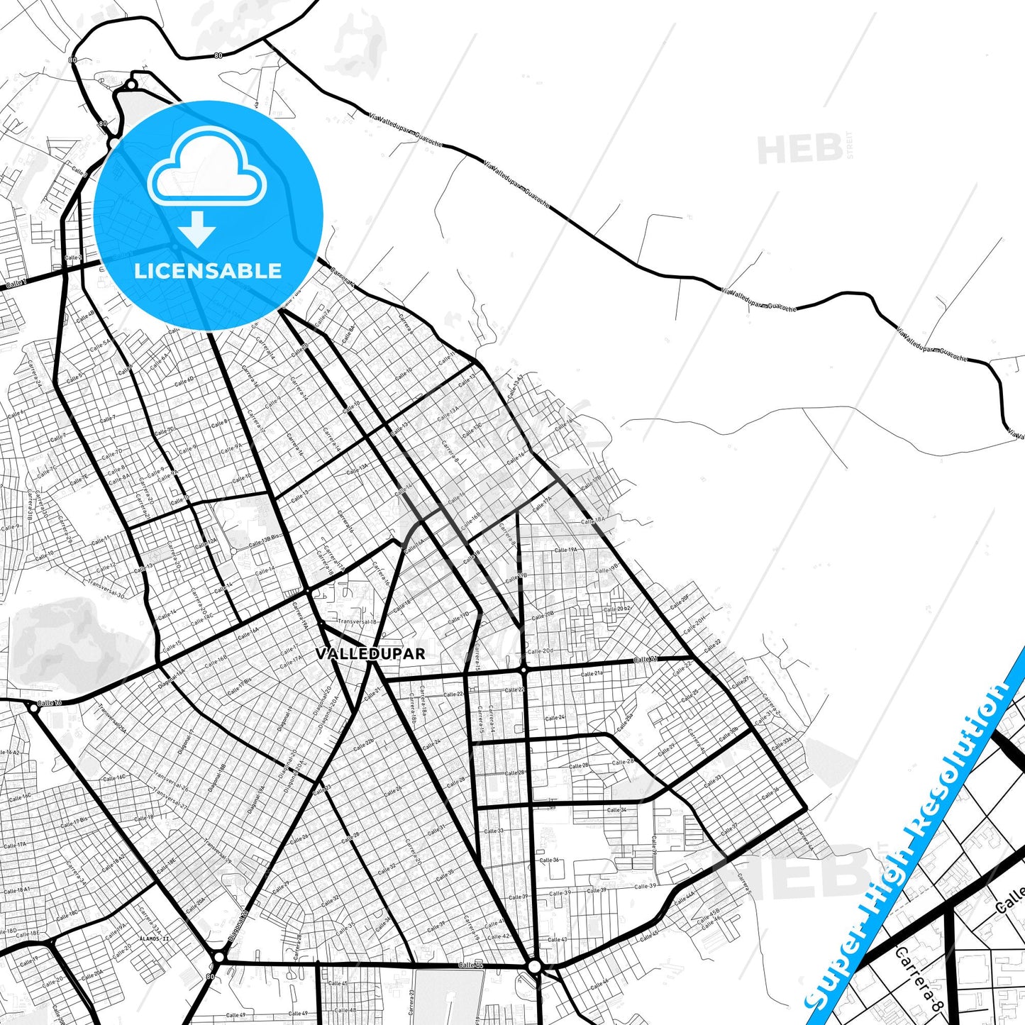 Valledupar, Colombia Light Map with Street Names, City Names, and Districts