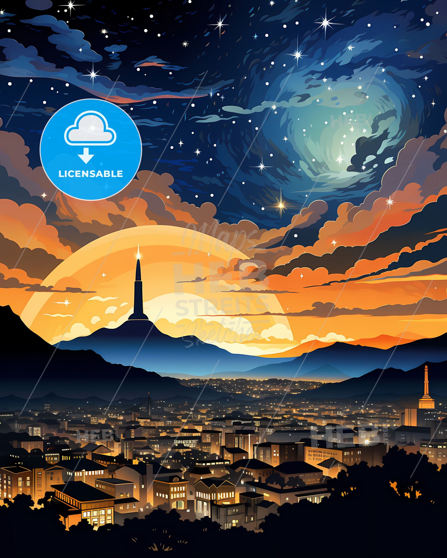 Colorful Painting of Valledupar City Skyline with a Tower in the Distance, Colombia