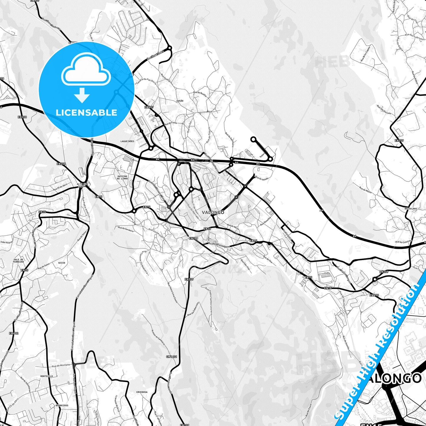 Valongo, Portugal Light Map with Street Names, City Names, and Districts