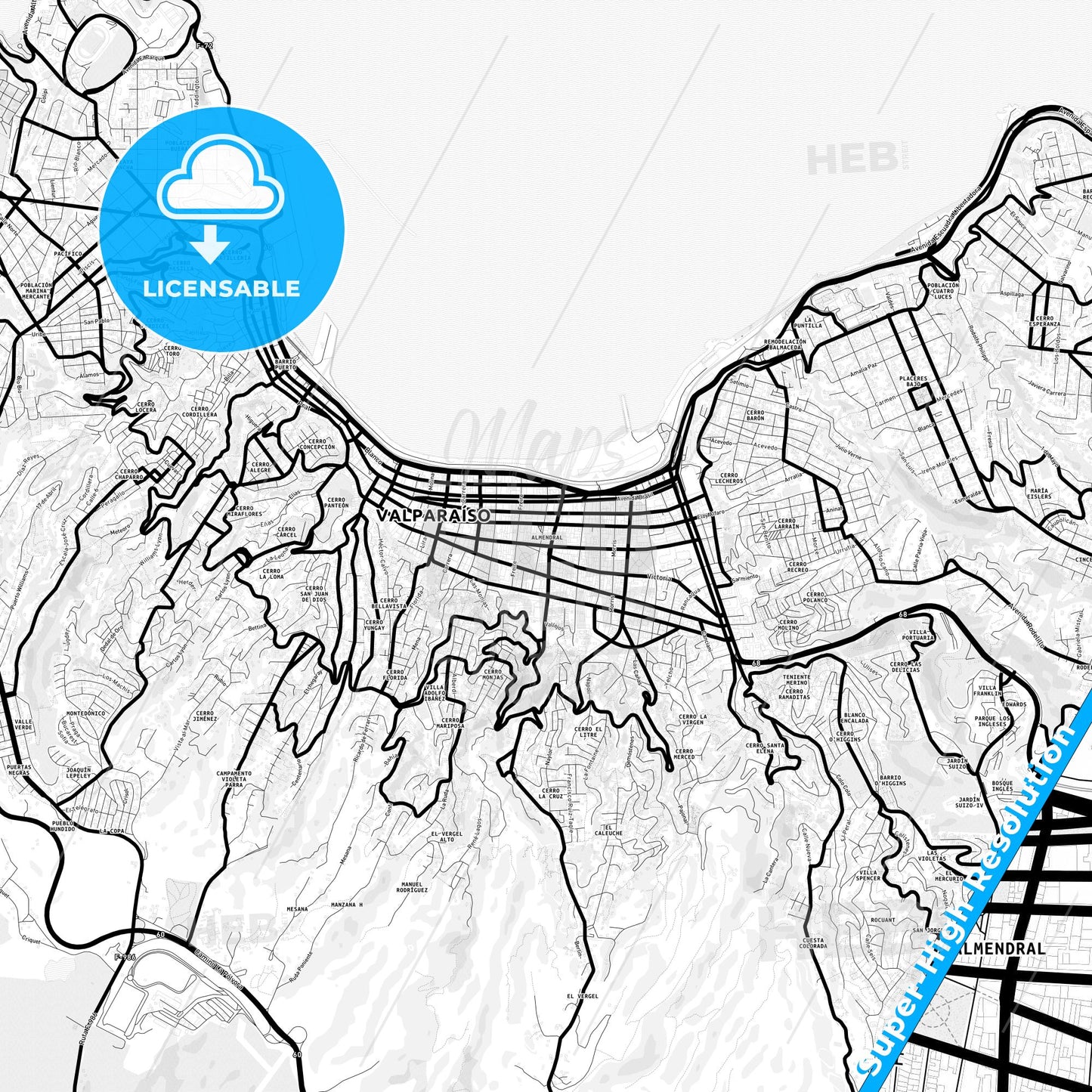 Valparaiso, Chile Light Map with Street Names, City Names, and Districts