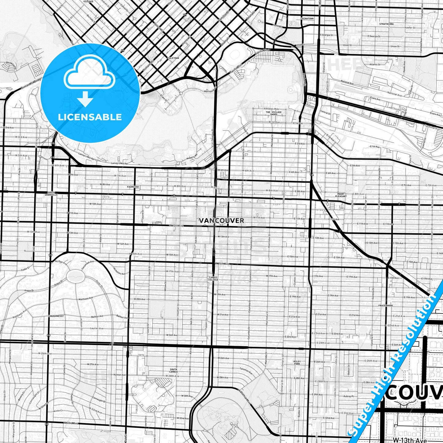 Vancouver, Canada Light Map with Street Names, City Names, and Districts