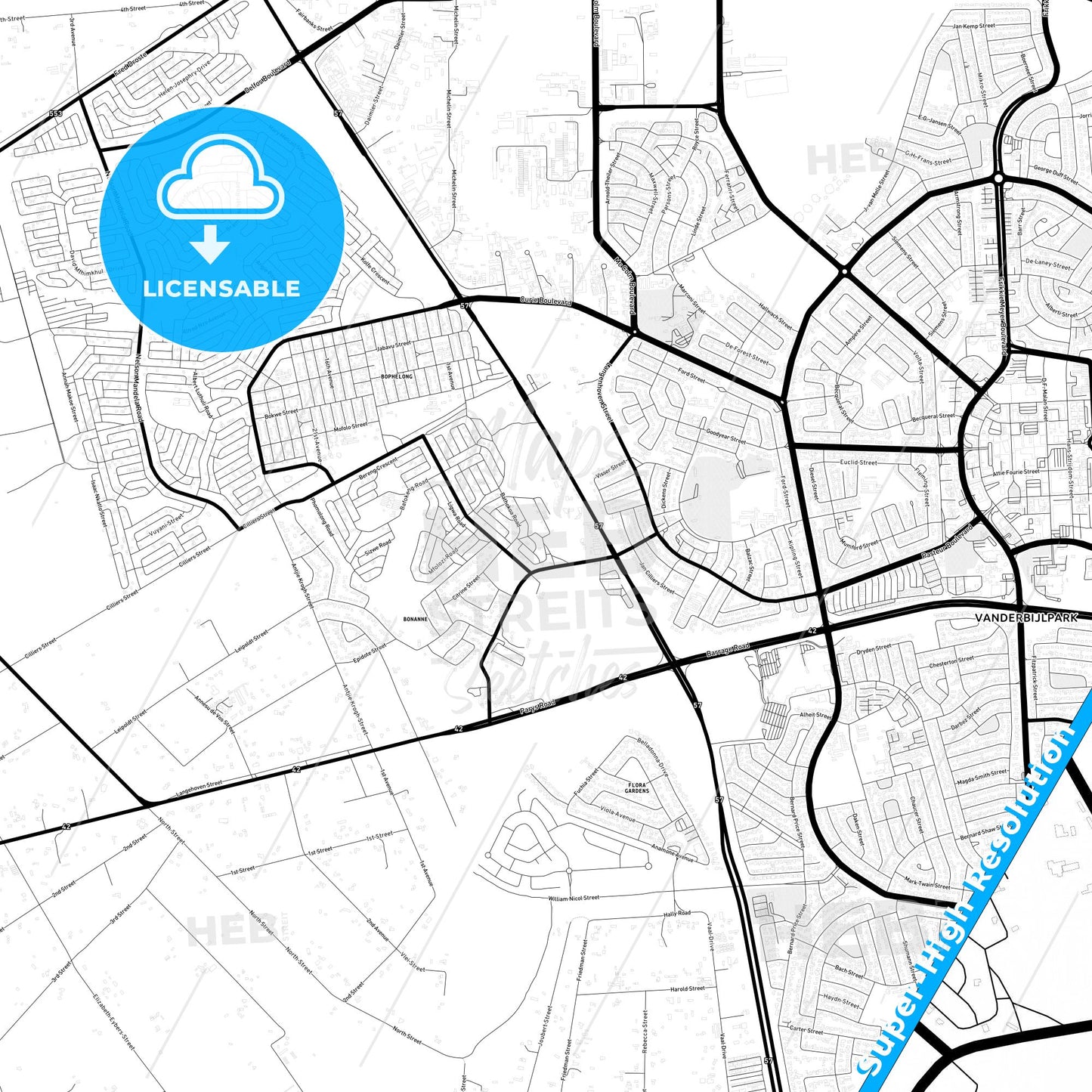 Vanderbijlpark, South Africa Light Map with Street Names, City Names, and Districts