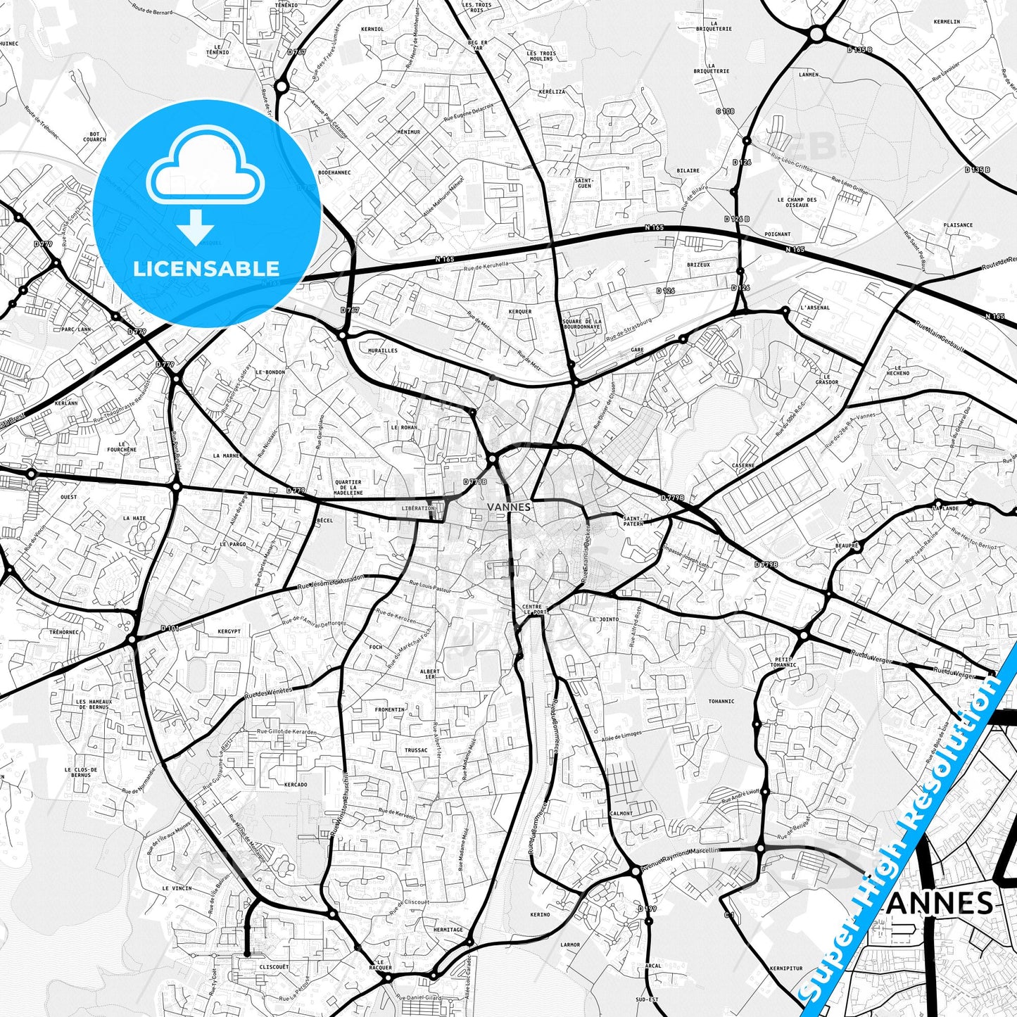 Vannes, France Light Map with Street Names, City Names, and Districts