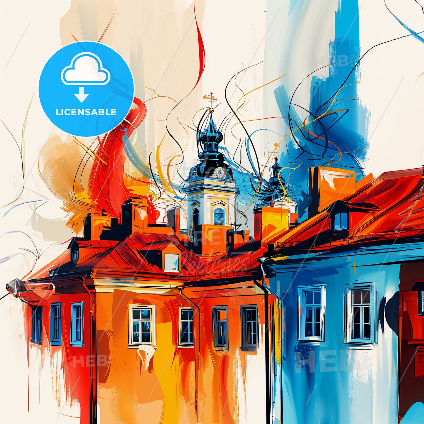 Vibrant Vantaa, Finland - A Painting Of A Building With A Tower And A Cross On Top