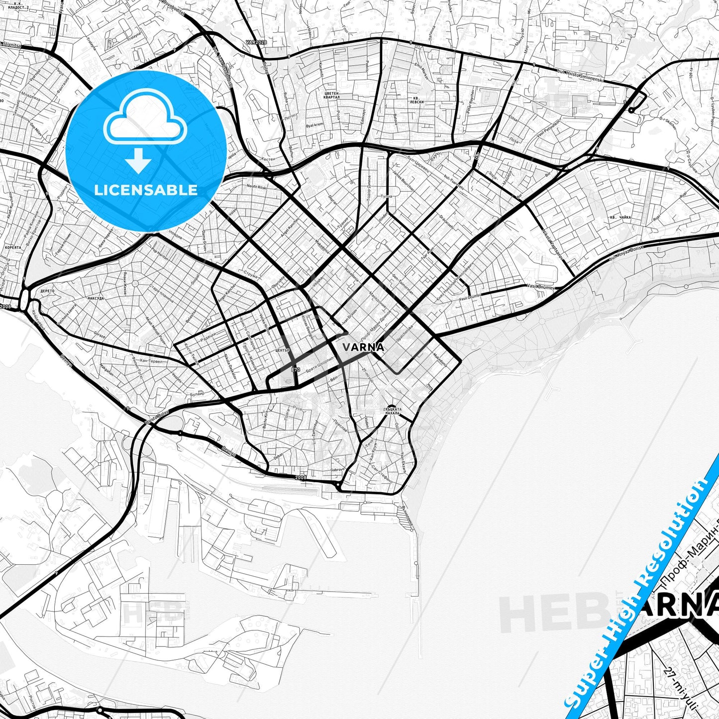 Varna, Bulgaria Light Map with Street Names, City Names, and Districts