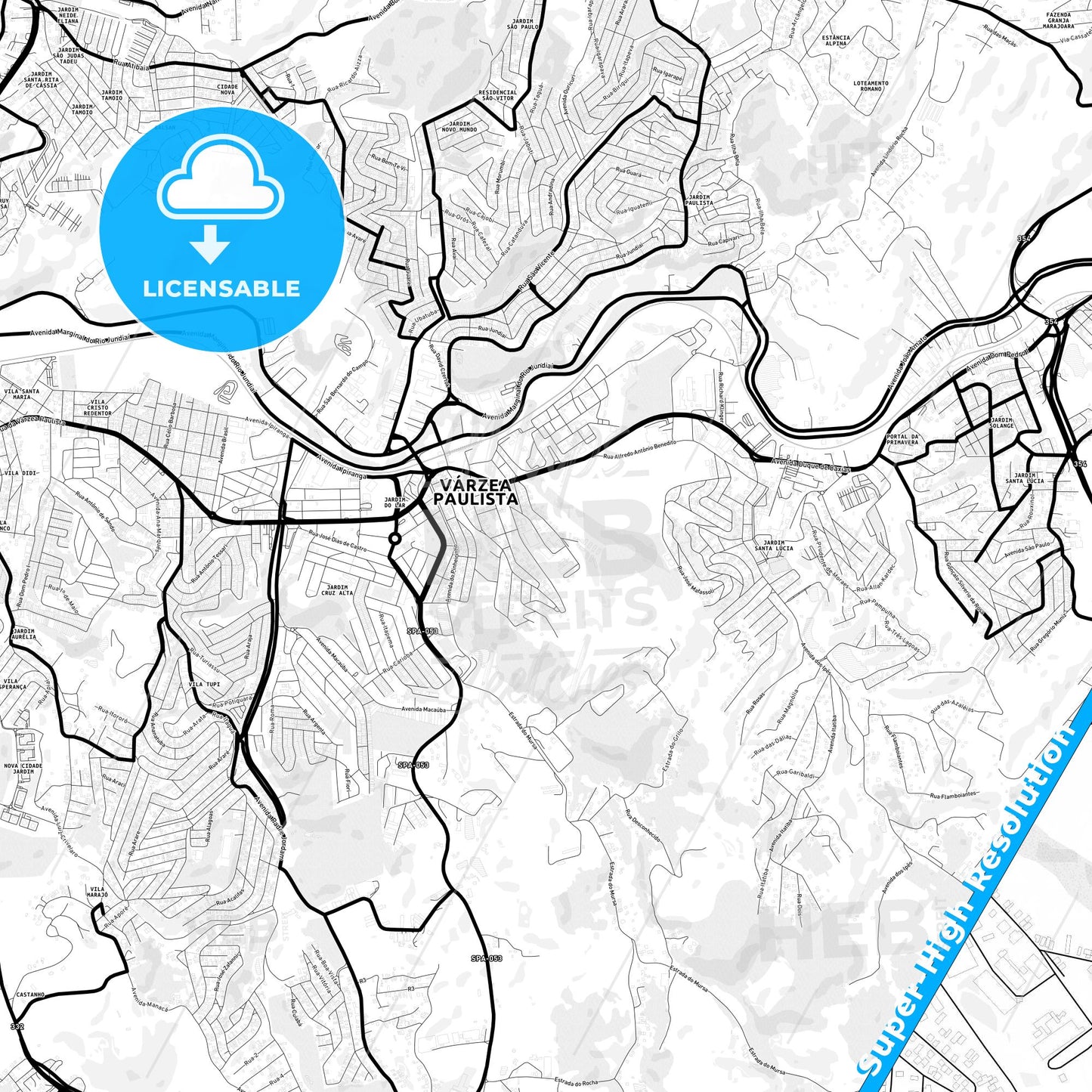 Varzea Paulista, Brazil Light Map with Street Names, City Names, and Districts