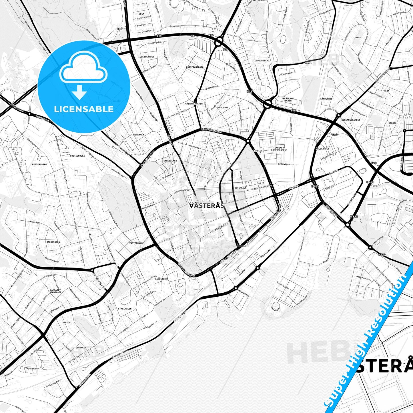 Västerås, Sweden Light Map with Street Names, City Names, and Districts