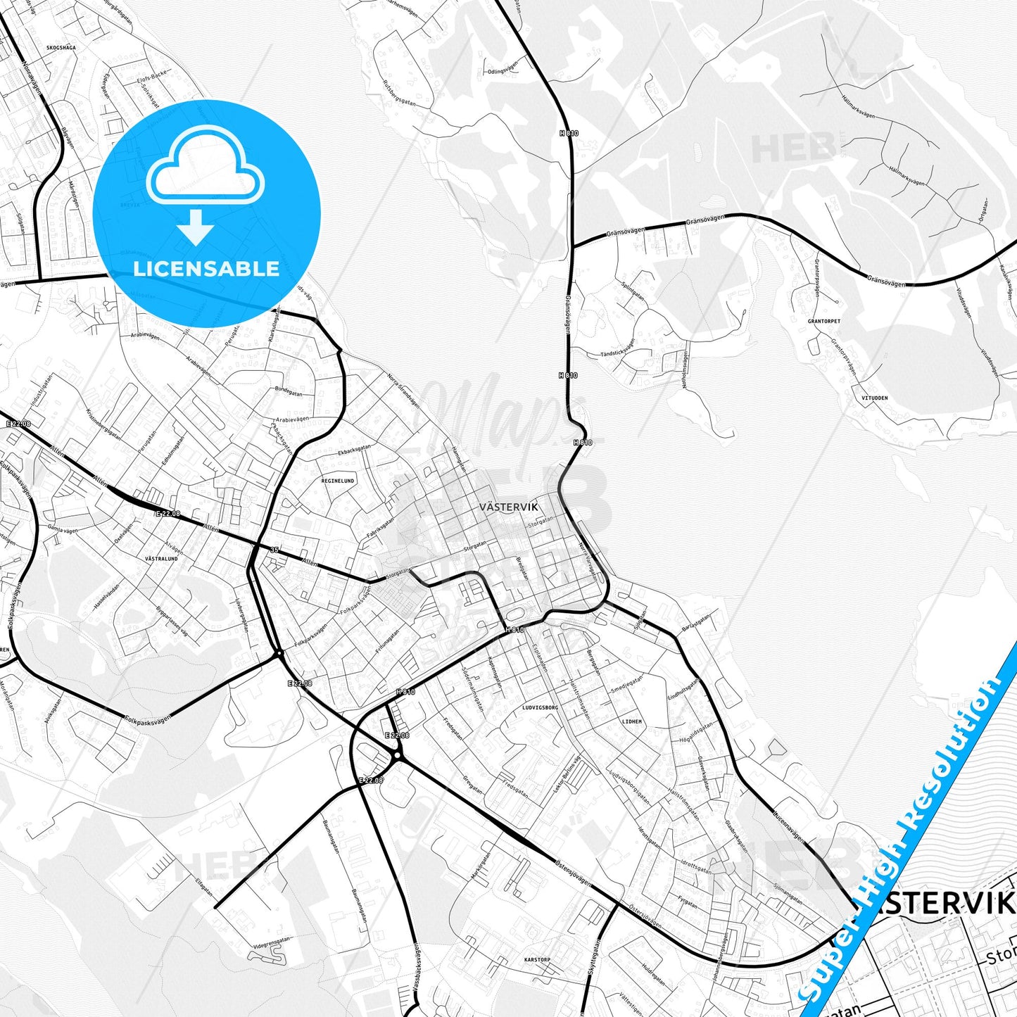 Västervik, Sweden Light Map with Street Names, City Names, and Districts