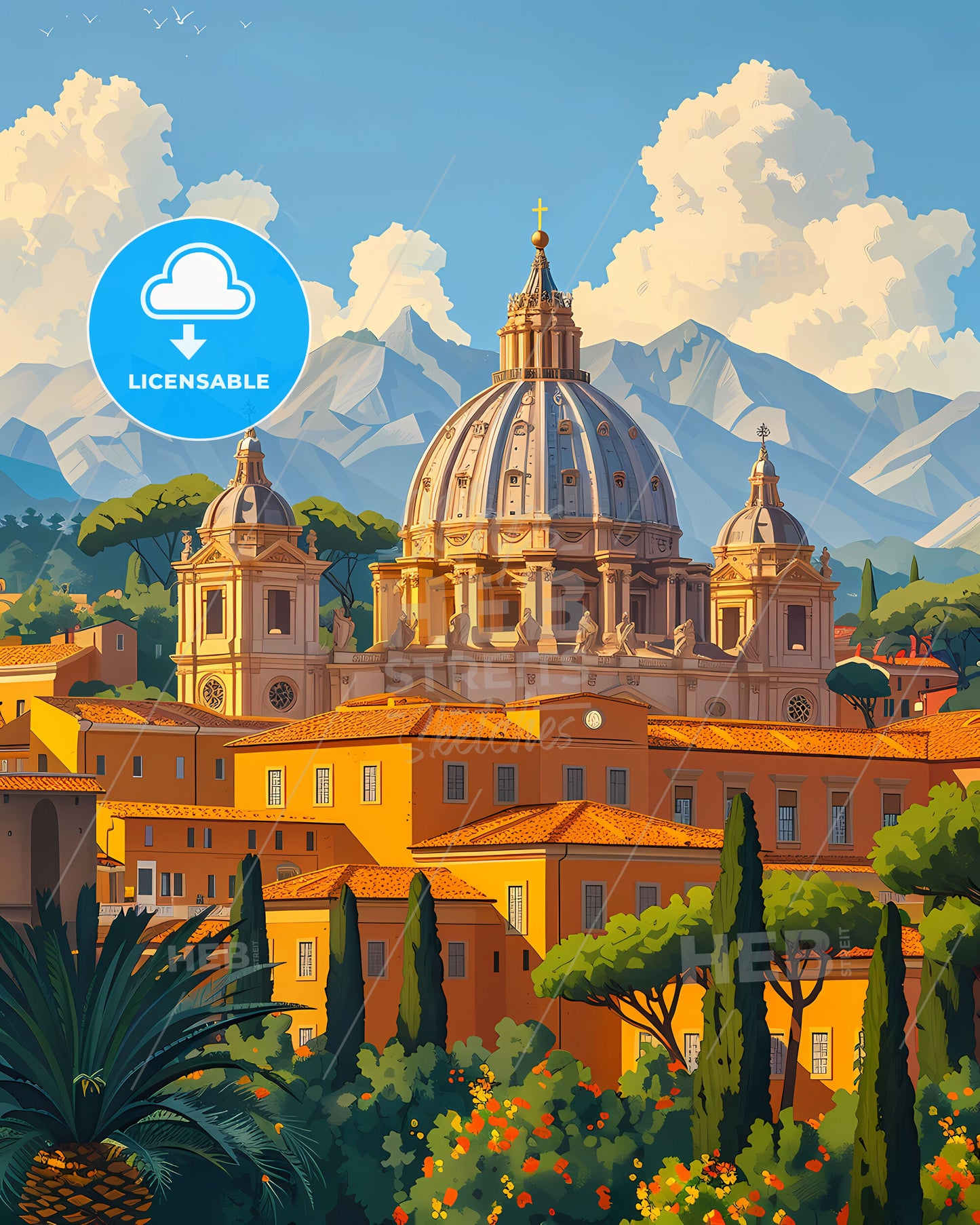Vibrant Vatican City Painting with Dome, Trees, Mountains