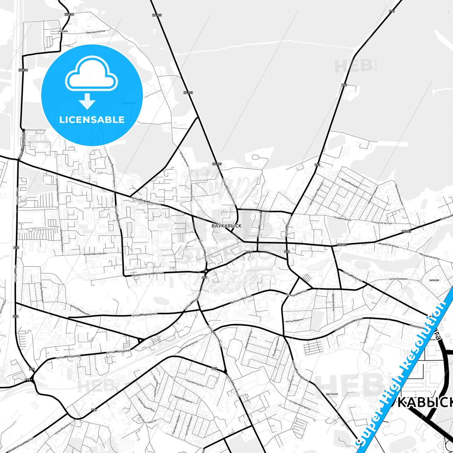 Vawkavysk, Belarus Light Map with Street Names, City Names, and Districts