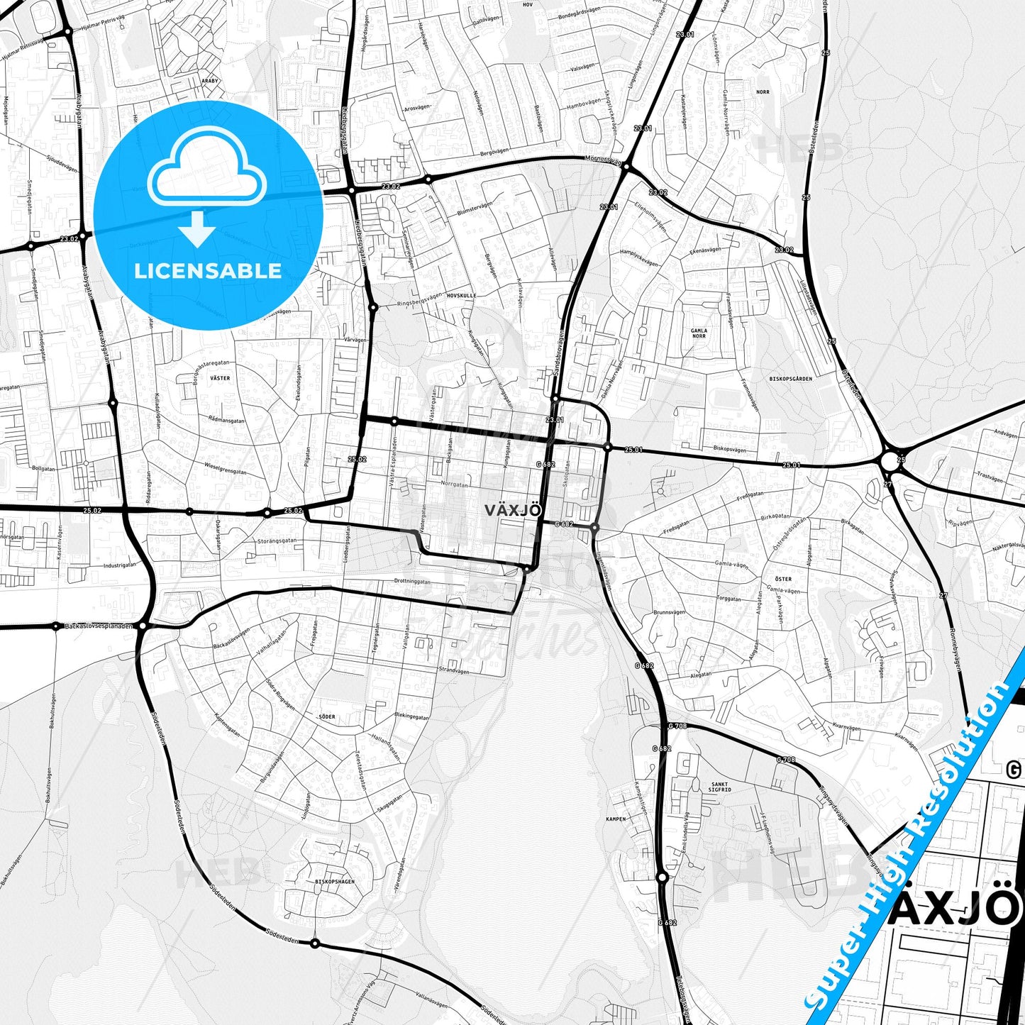 Växjö, Sweden Light Map with Street Names, City Names, and Districts