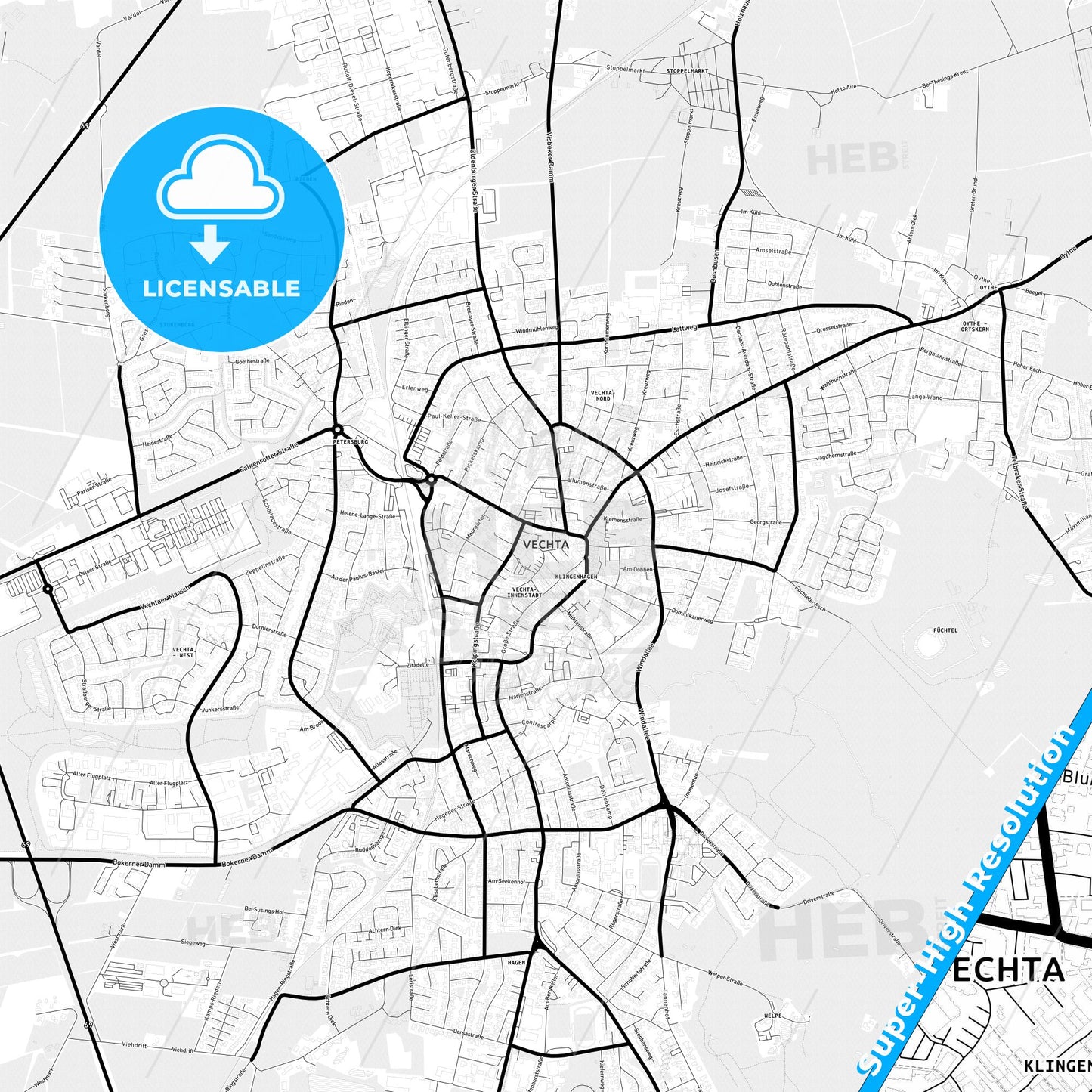 Vechta, Germany Light Map with Street Names, City Names, and Districts