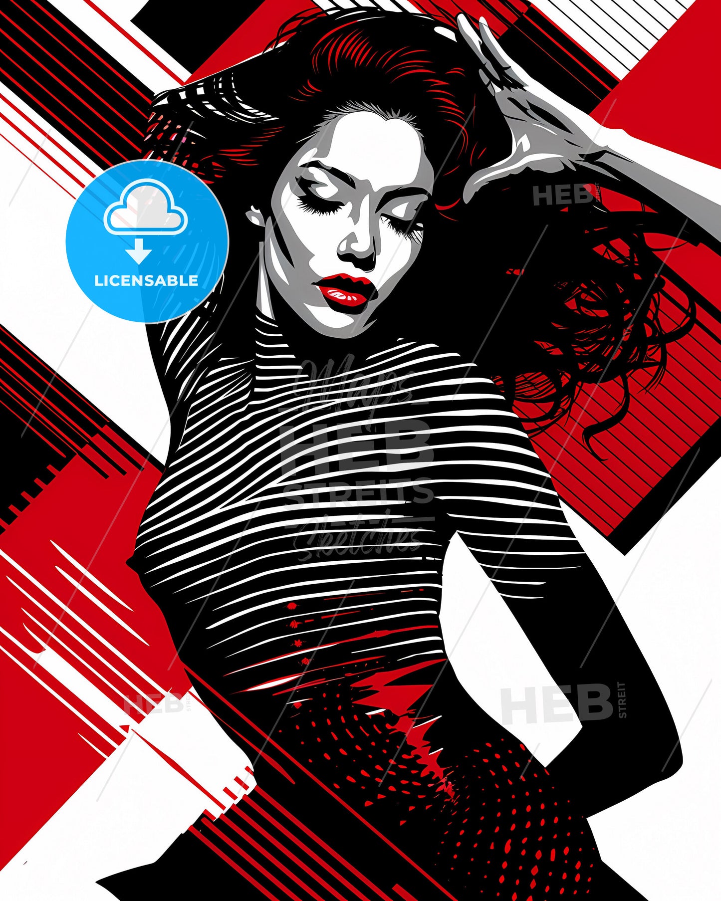 Fashion Illustration, Hyper-Detailed Female Model, Moire Effect, Windswept Hair, Art Focus, Black and White with Red Highlights