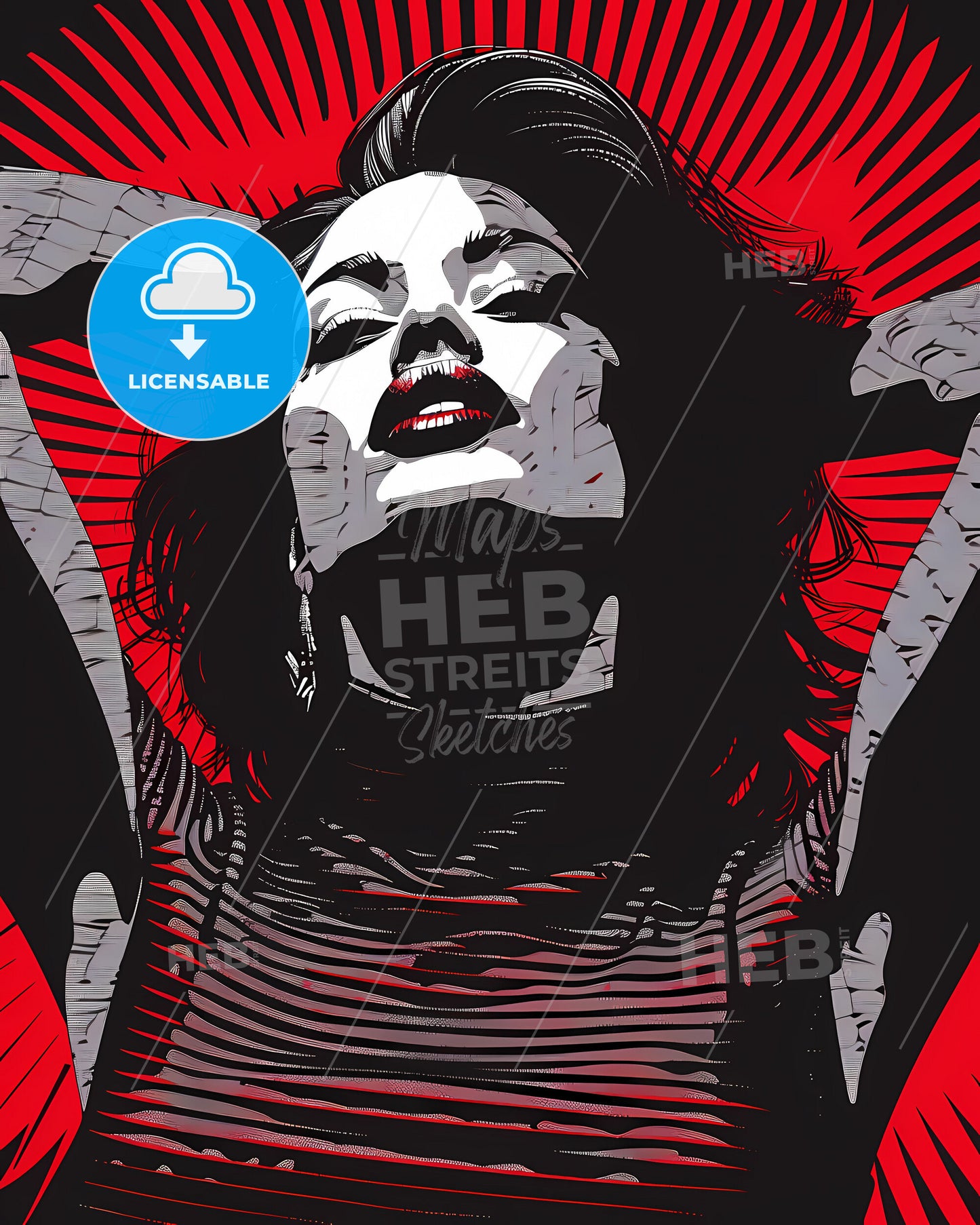 Black and White Fashion Illustration of a Woman with Hands Behind Her Head, Hyper Detailed with Moire Effect and Artistic Focus