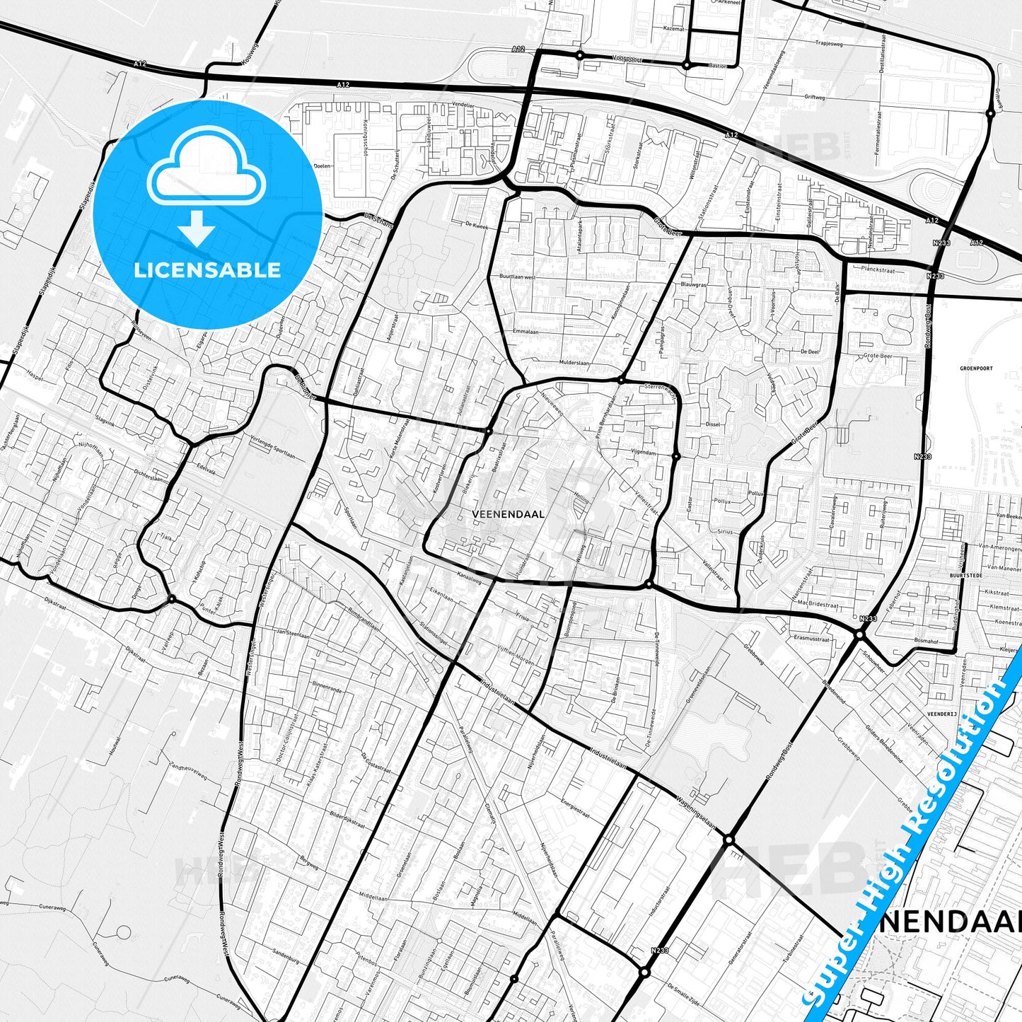 Veenendaal, Netherlands Light Map with Street Names, City Names, and Districts