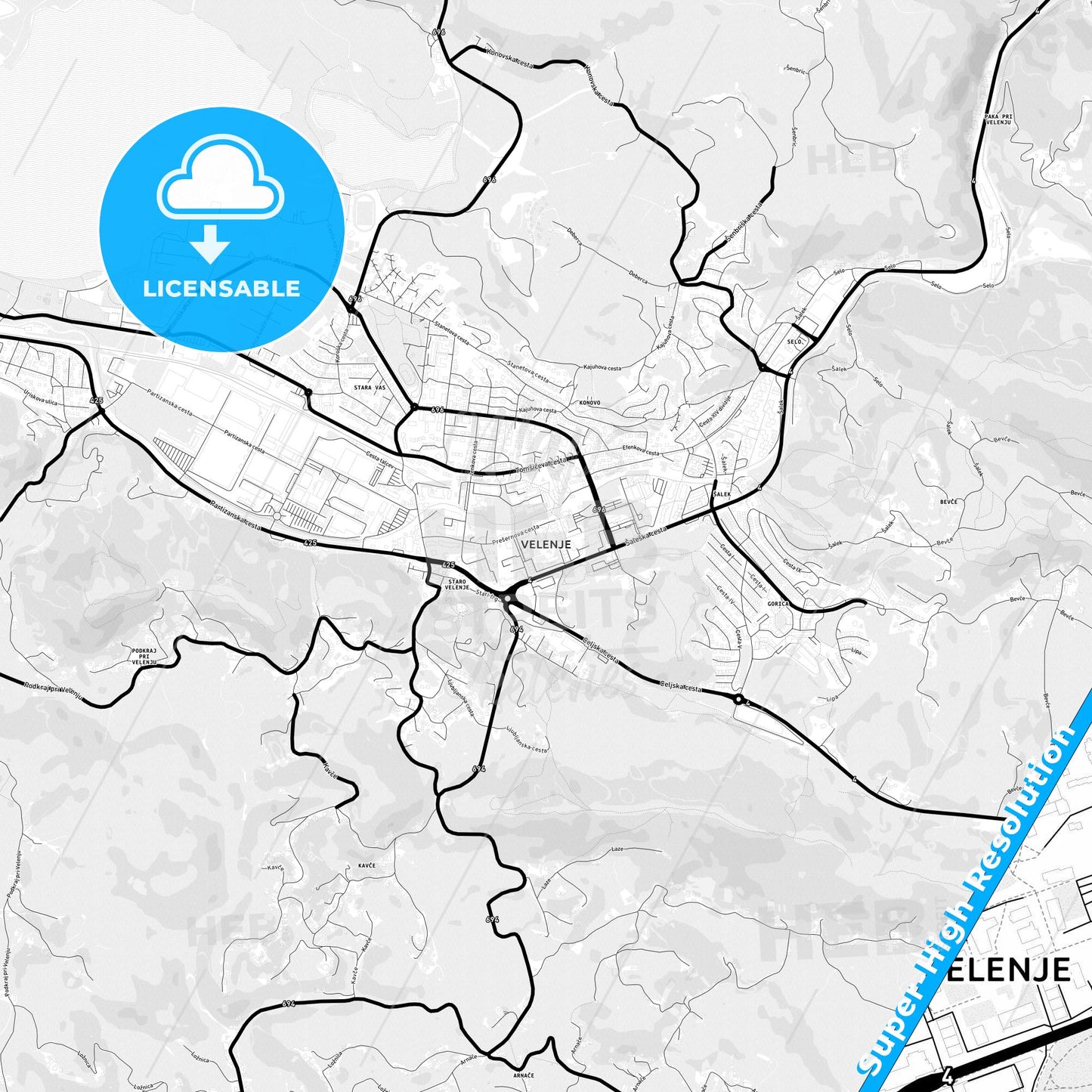 Velenje, Slovenia Light Map with Street Names, City Names, and Districts