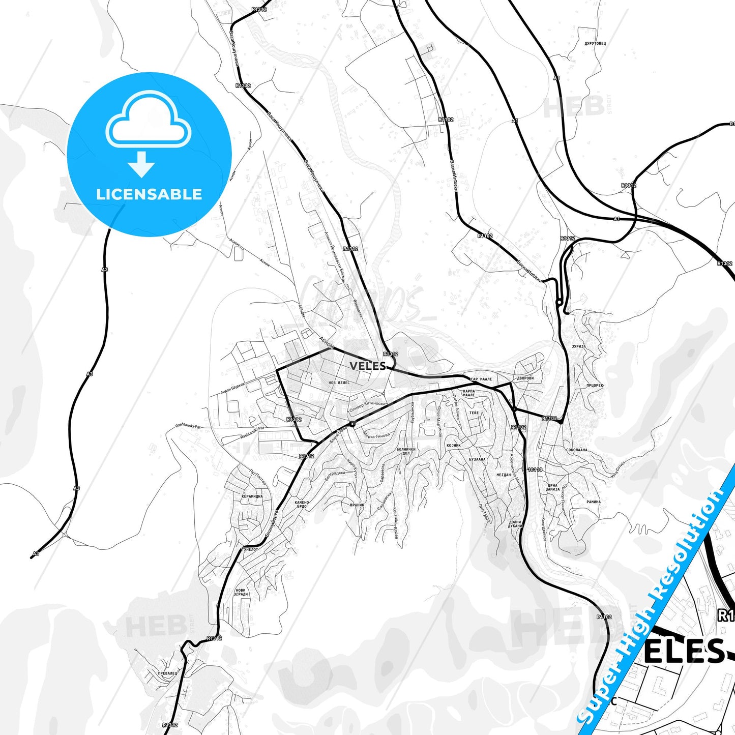 Veles, North Macedonia Light Map with Street Names, City Names, and Districts