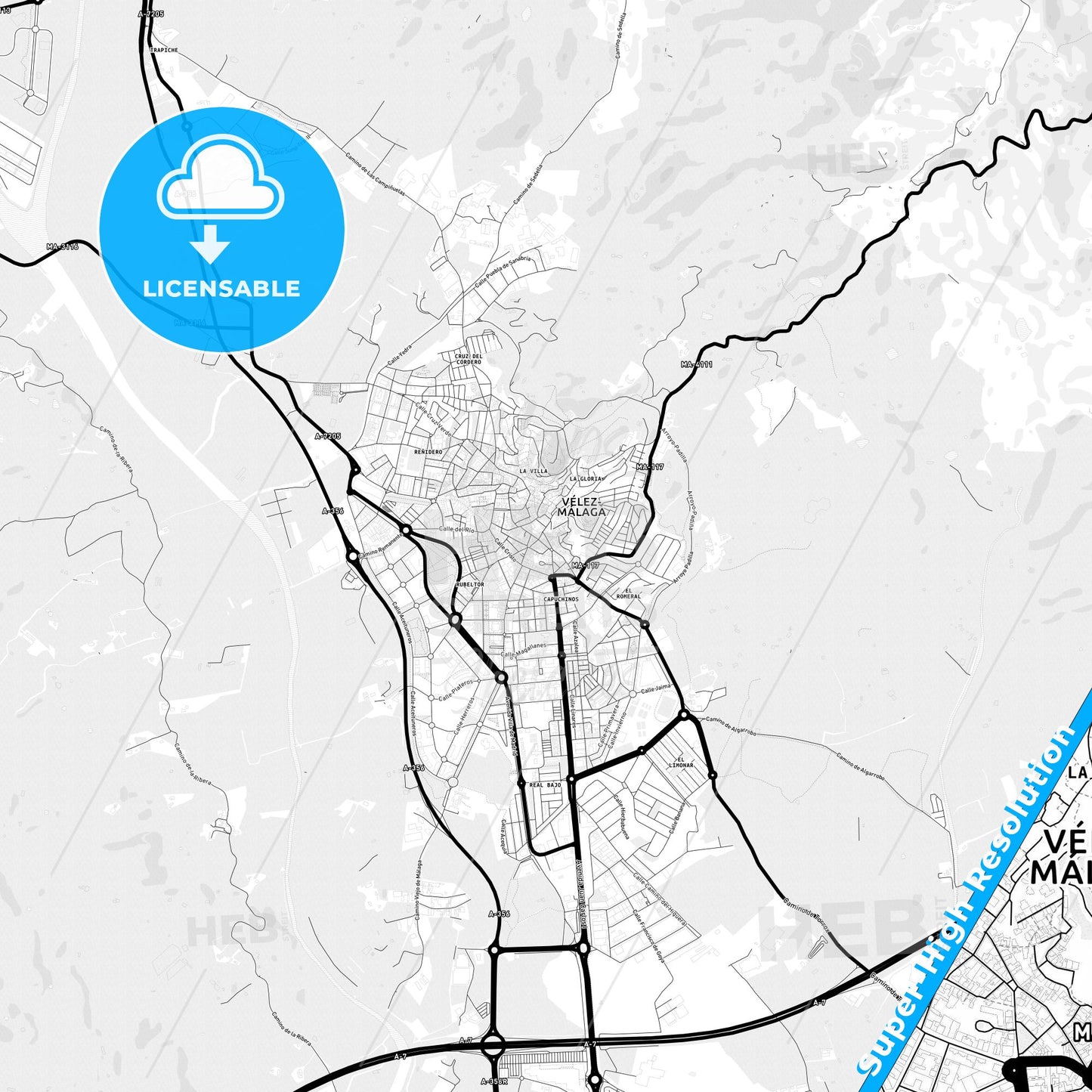 Vélez-Málaga, Spain Light Map with Street Names, City Names, and Districts