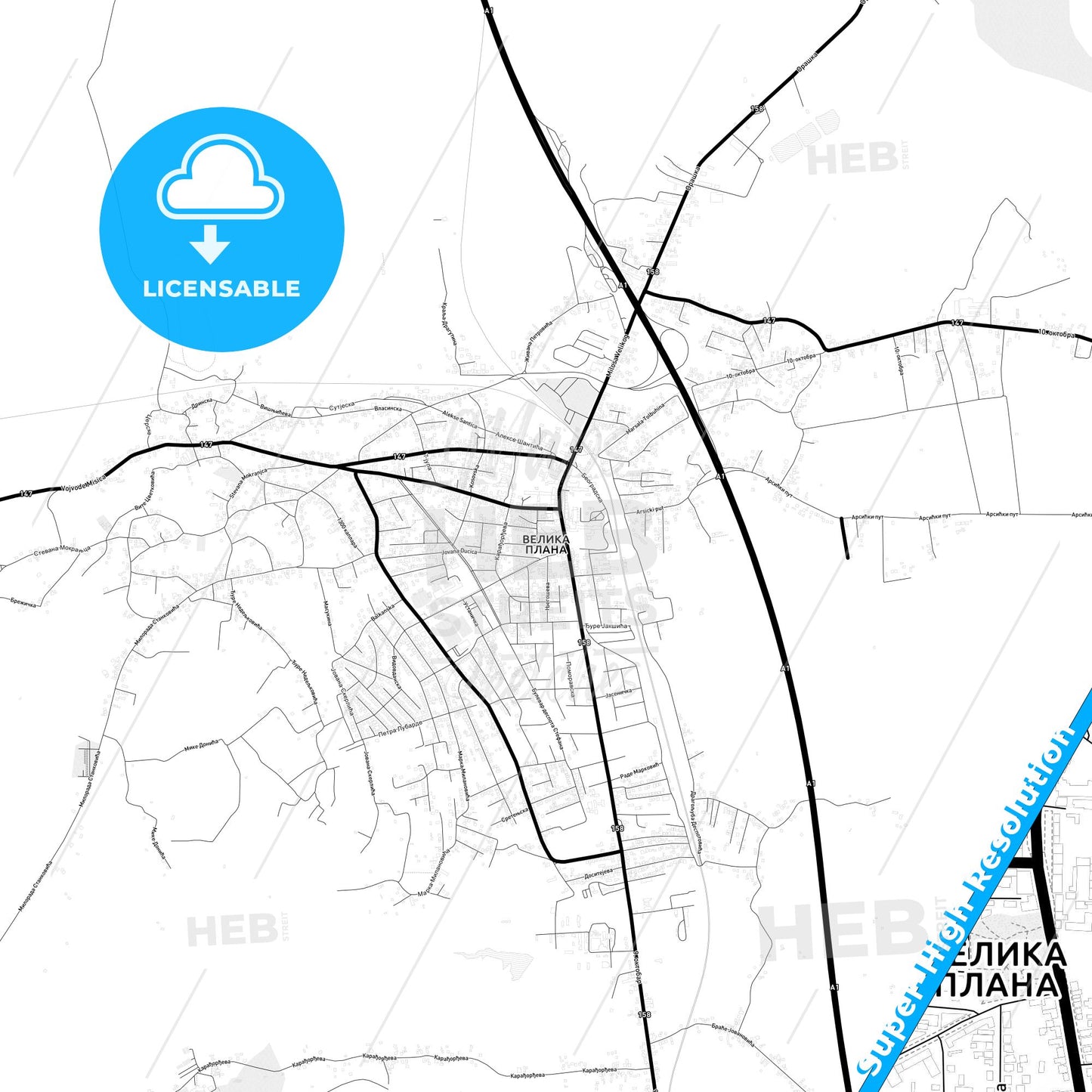 Velika Plana, Serbia Light Map with Street Names, City Names, and Districts