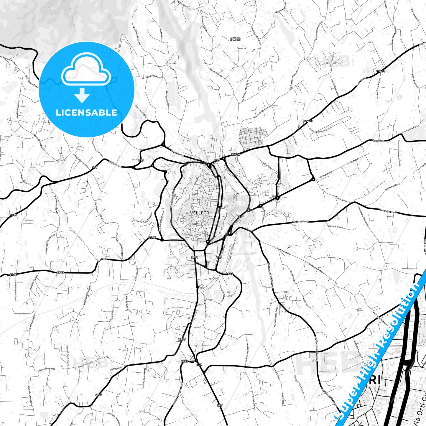 Velletri, Italy Light Map with Street Names, City Names, and Districts