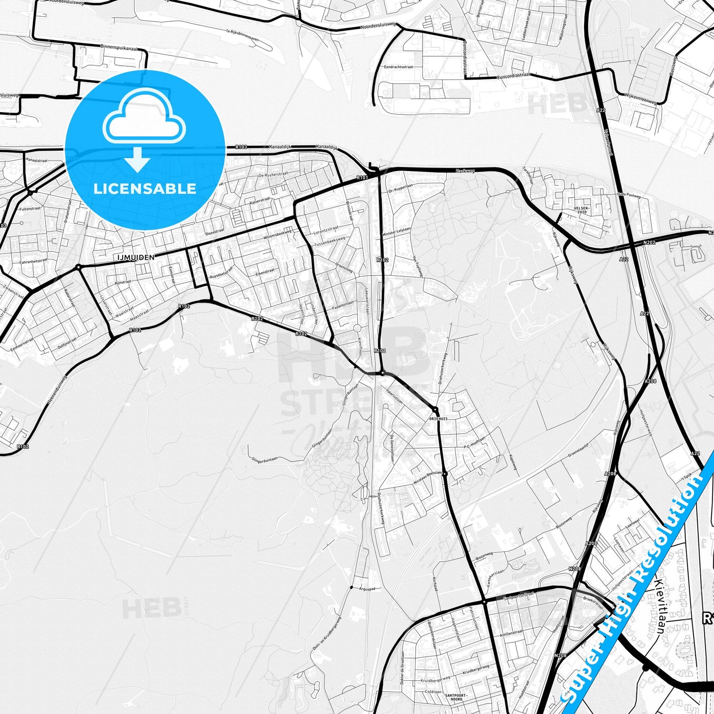 Velsen, Netherlands Light Map with Street Names, City Names, and Districts