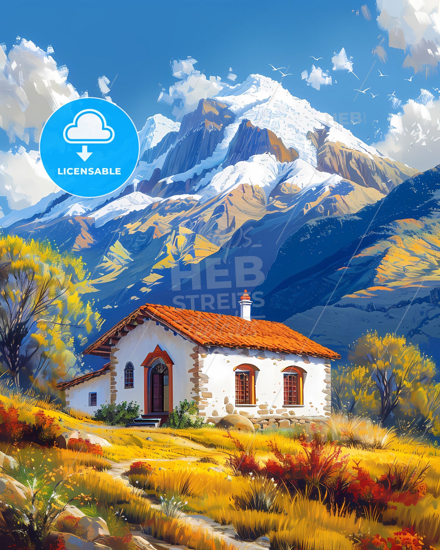 Tranquil Hillside Retreat: Arthouse Painting of a Home Amidst Venezuelan Mountains