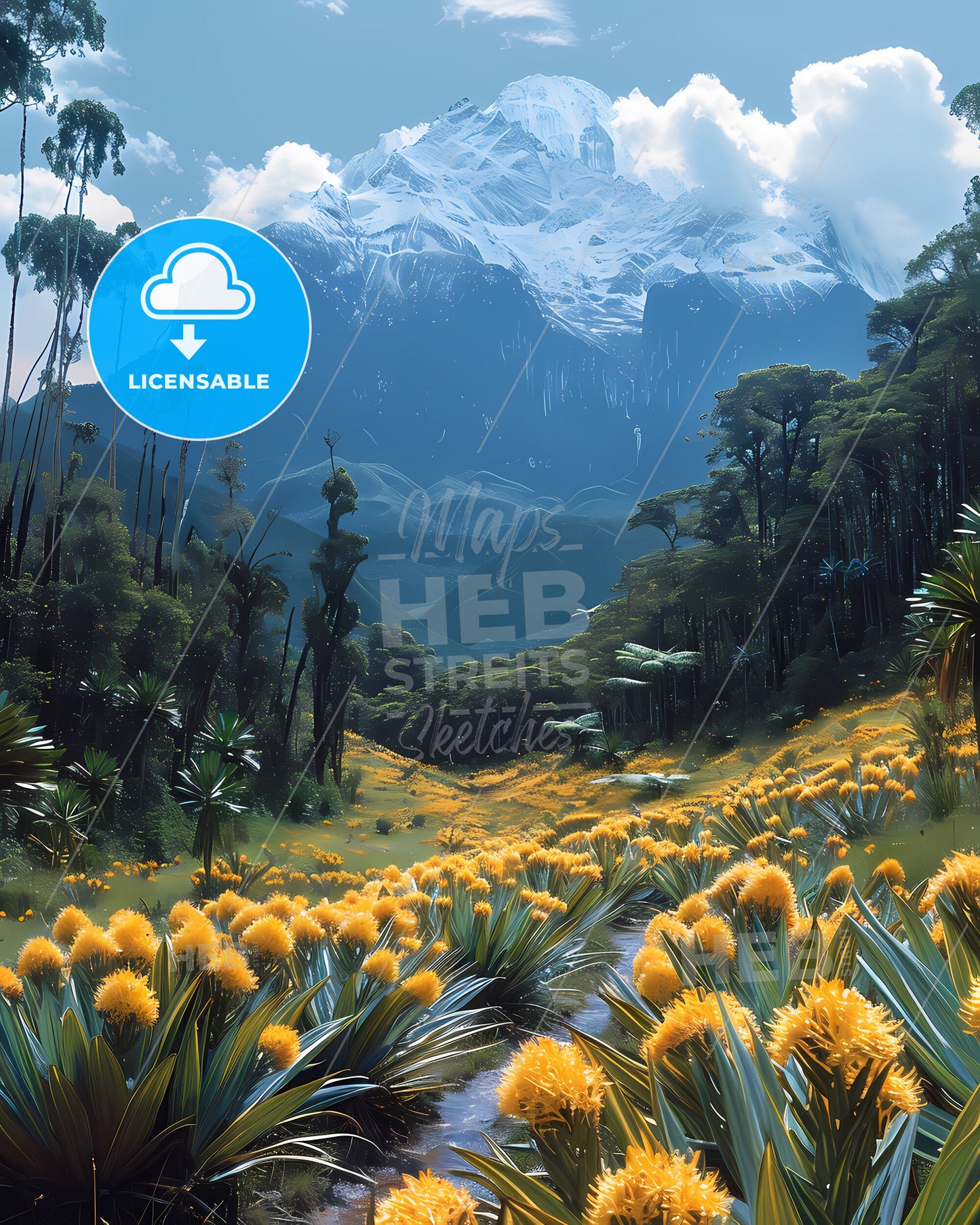 Vibrant South American Mountain Artwork Featuring Yellow Flowers
