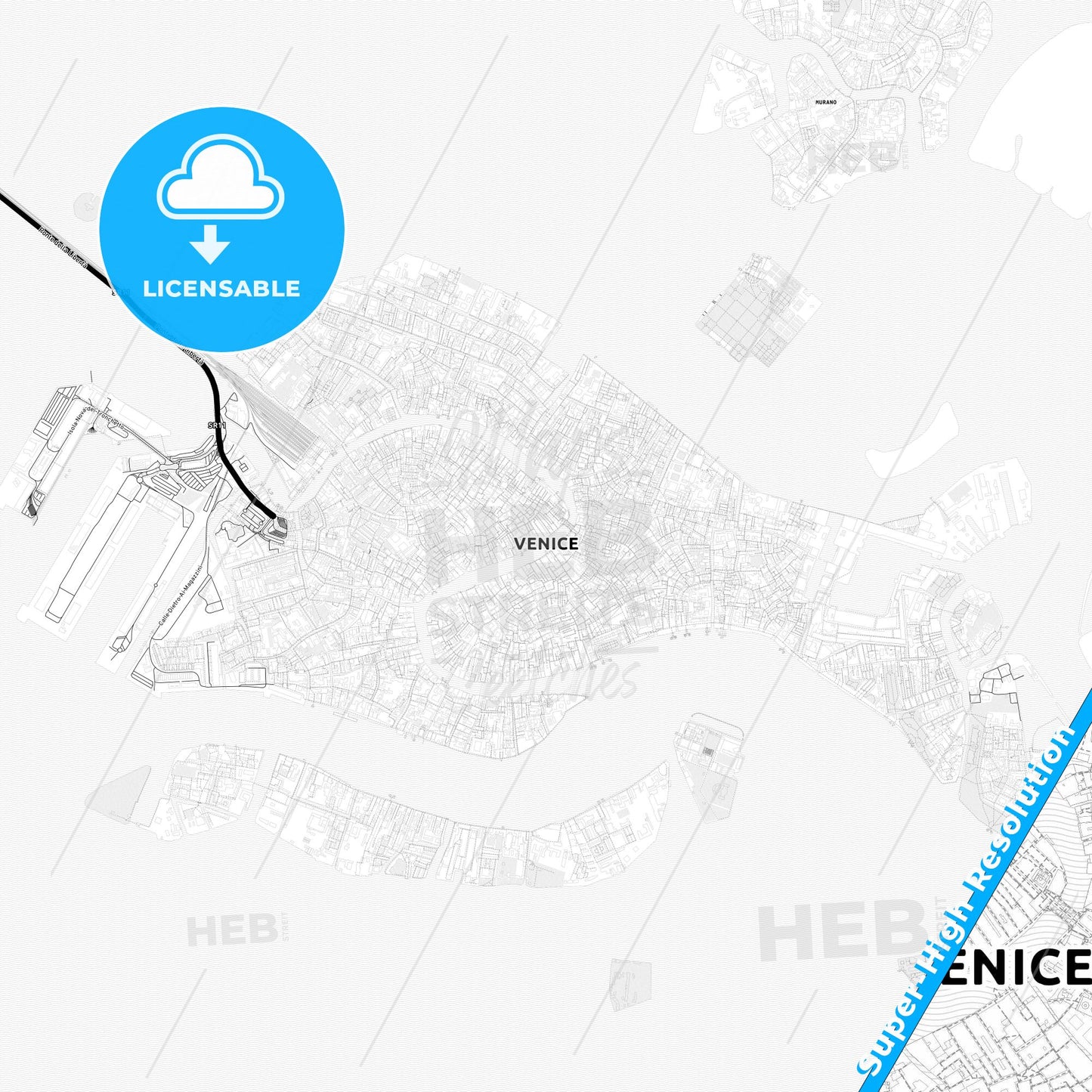 Venice, Italy Light Map with Street Names, City Names, and Districts