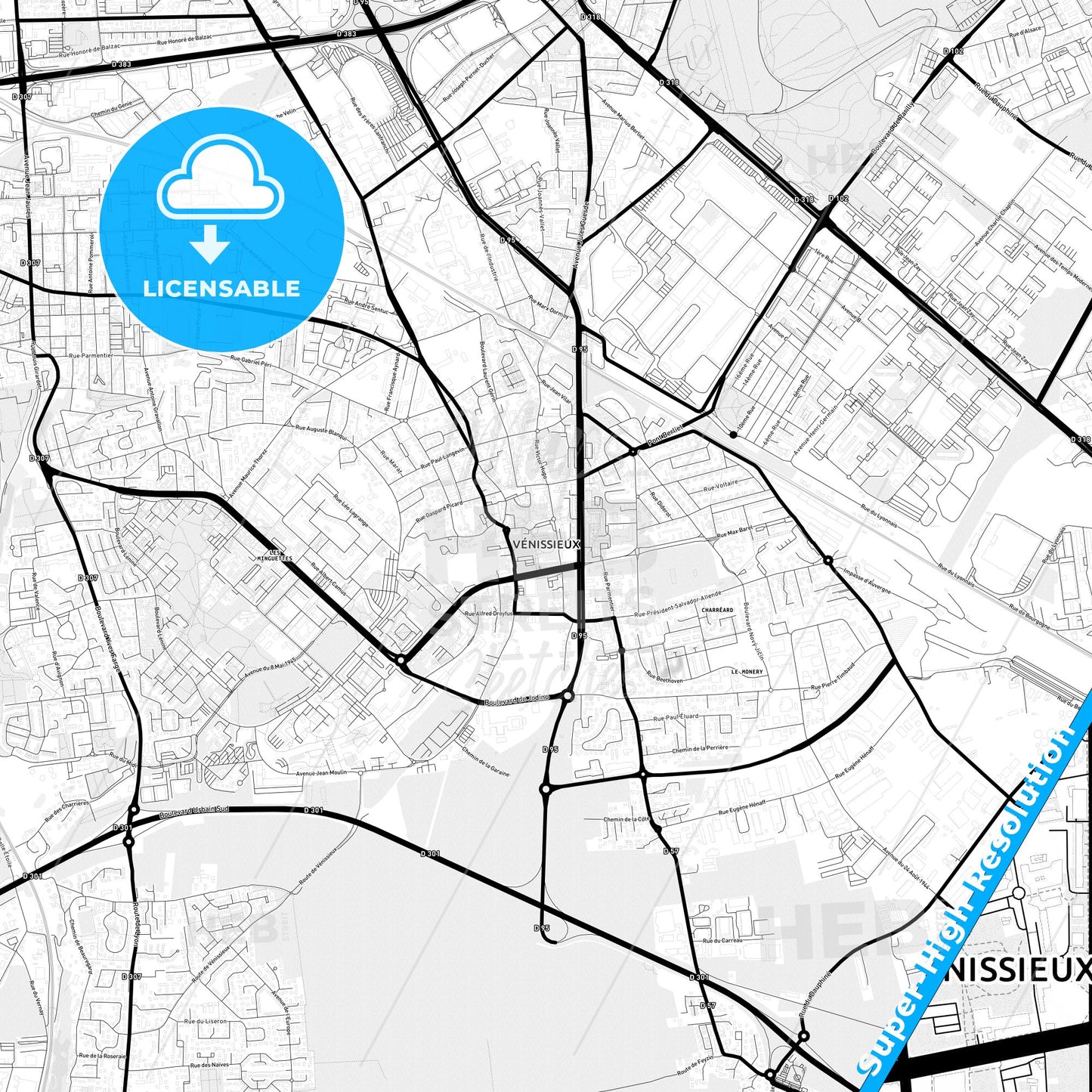Vénissieux, France Light Map with Street Names, City Names, and Districts