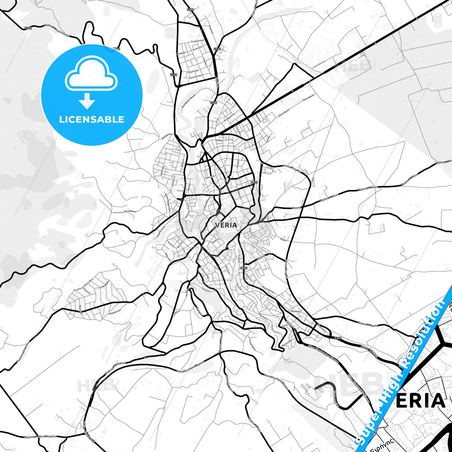 Veria, Greece Light Map with Street Names, City Names, and Districts