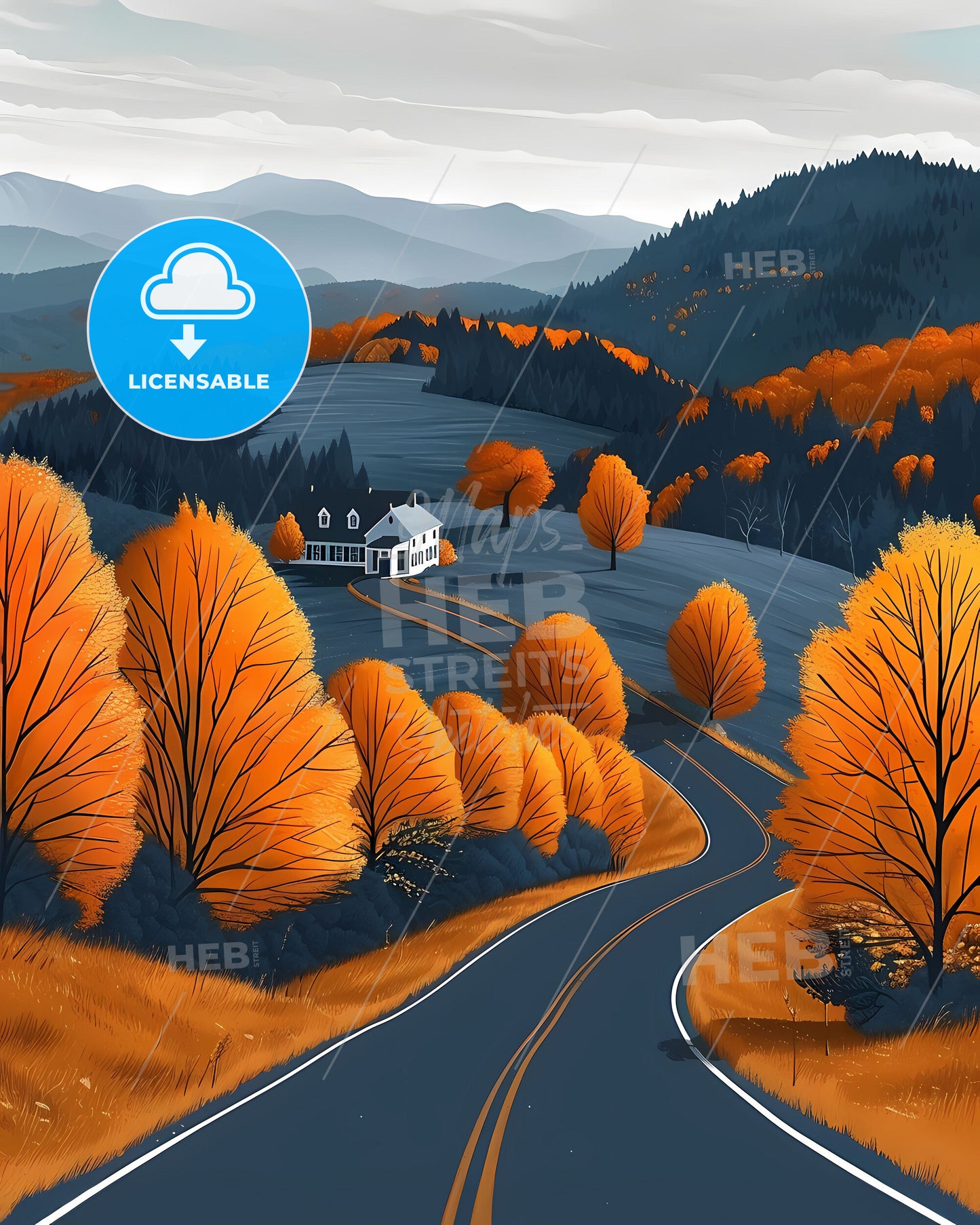 Artistic Impressions: Road Trip through Vermont - Vibrant Painting Depicting Rustic Landscape with Trees and House