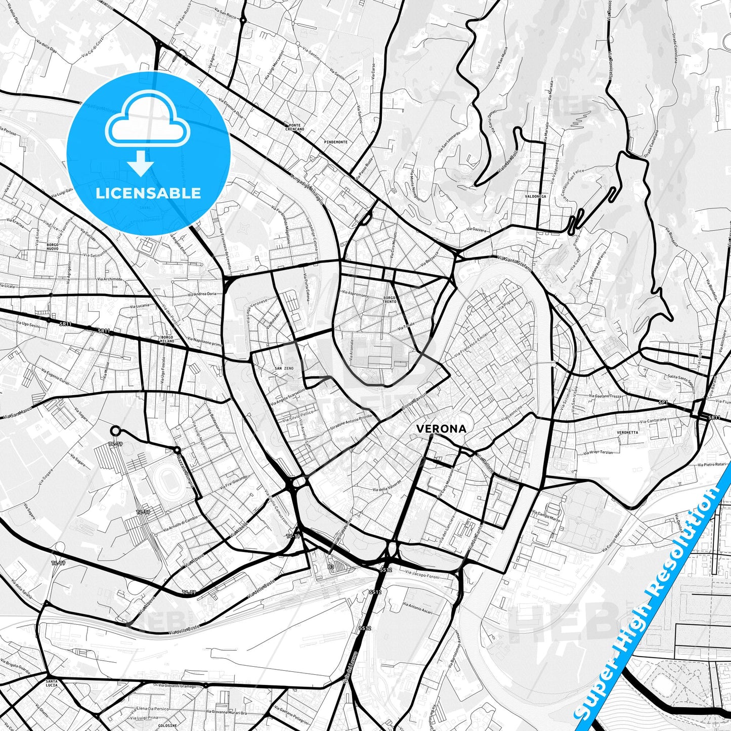 Verona, Italy Light Map with Street Names, City Names, and Districts