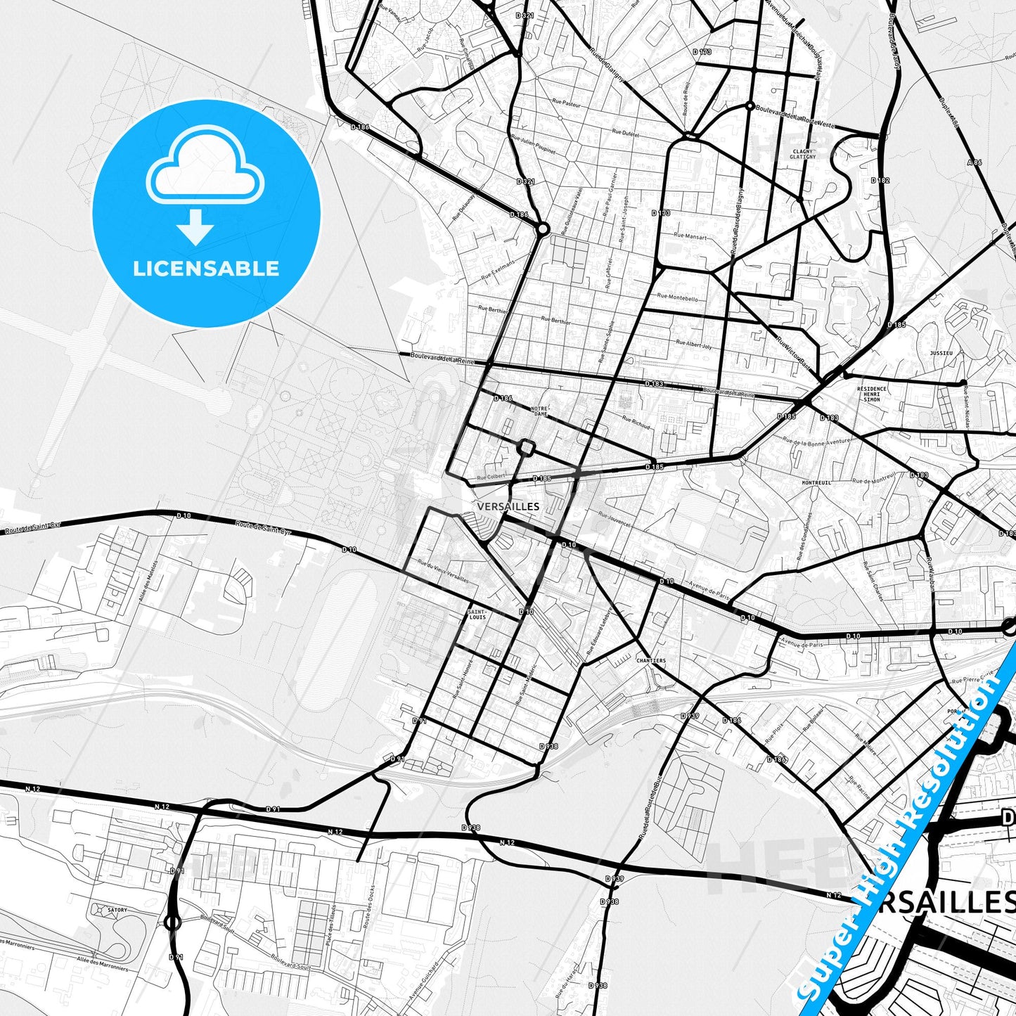 Versailles, France Light Map with Street Names, City Names, and Districts