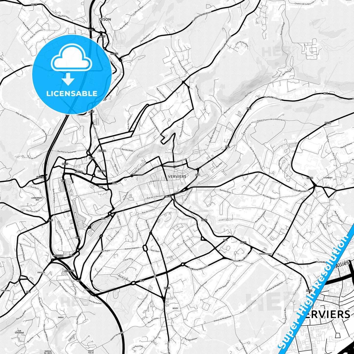 Verviers, Belgium Light Map with Street Names, City Names, and Districts