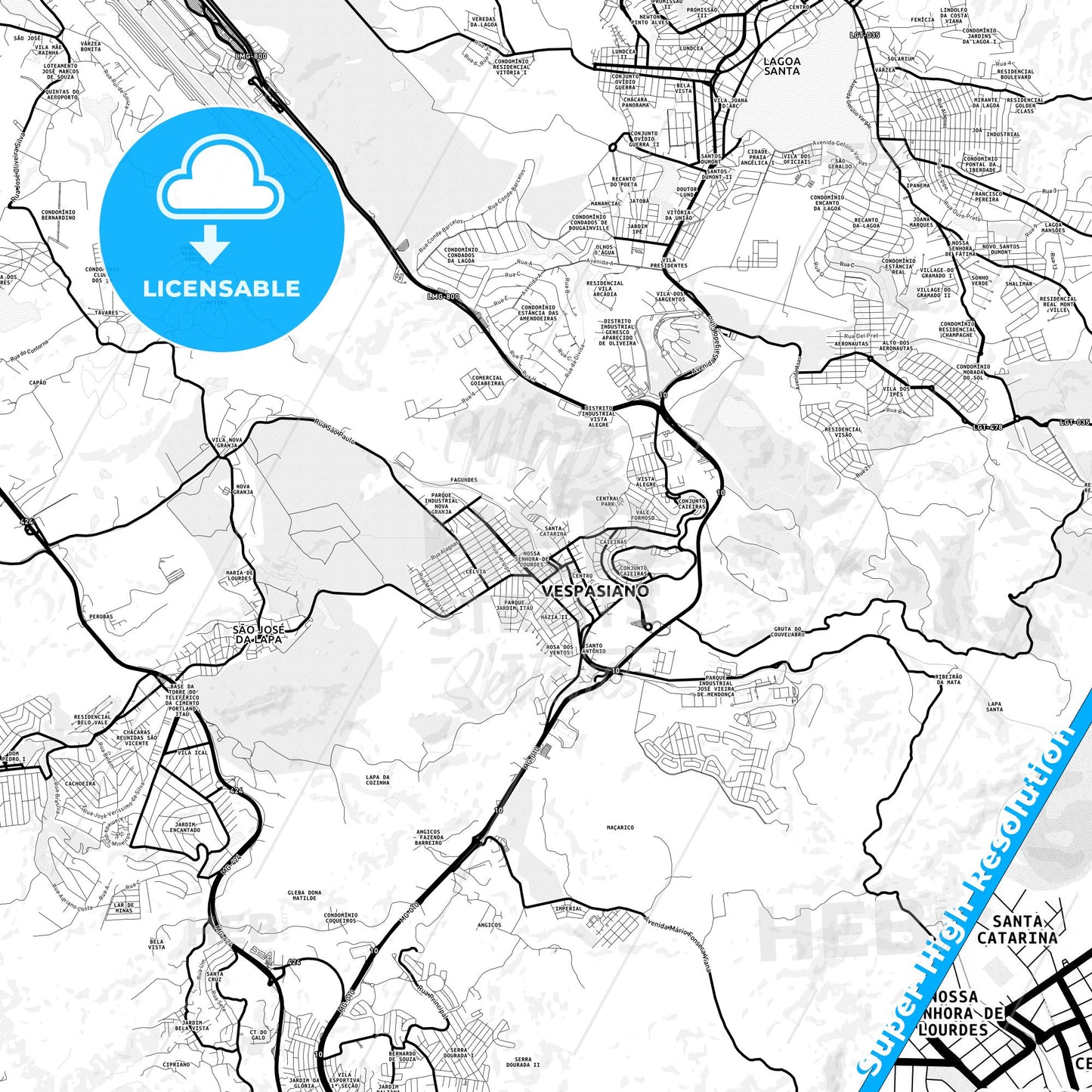 Vespasiano, Brazil Light Map with Street Names, City Names, and Districts