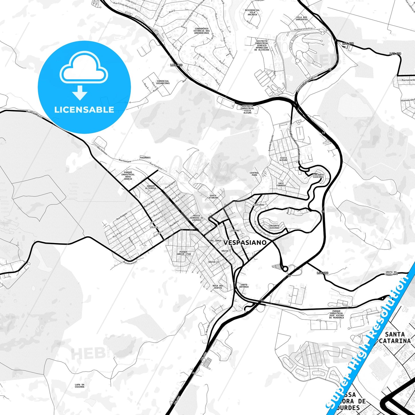 Vespasiano, Brazil Light Map with Street Names, City Names, and Districts