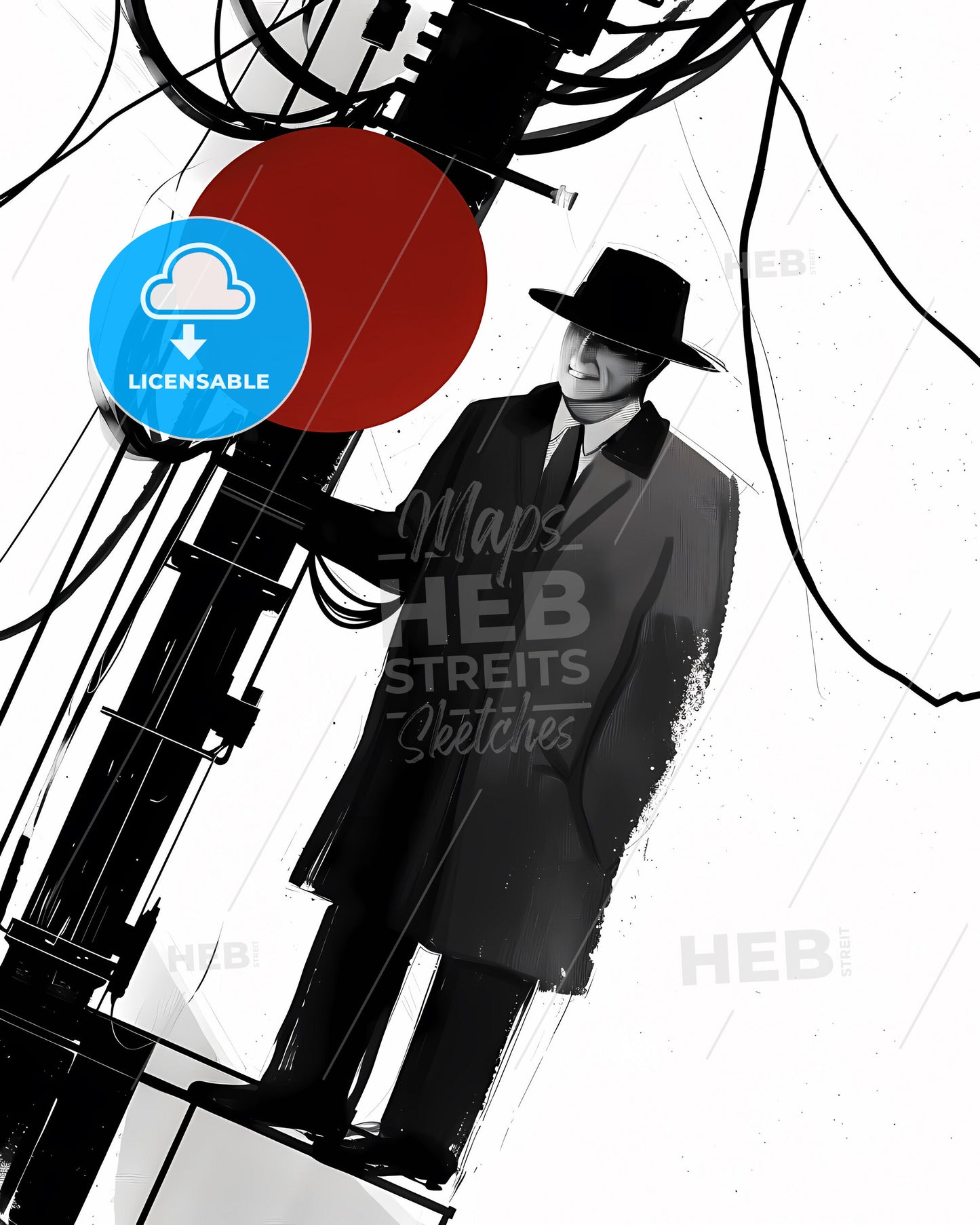 Minimalist Art - Vibrant Painting of a Man in a Hat and Coat Standing by a Pole with Wires