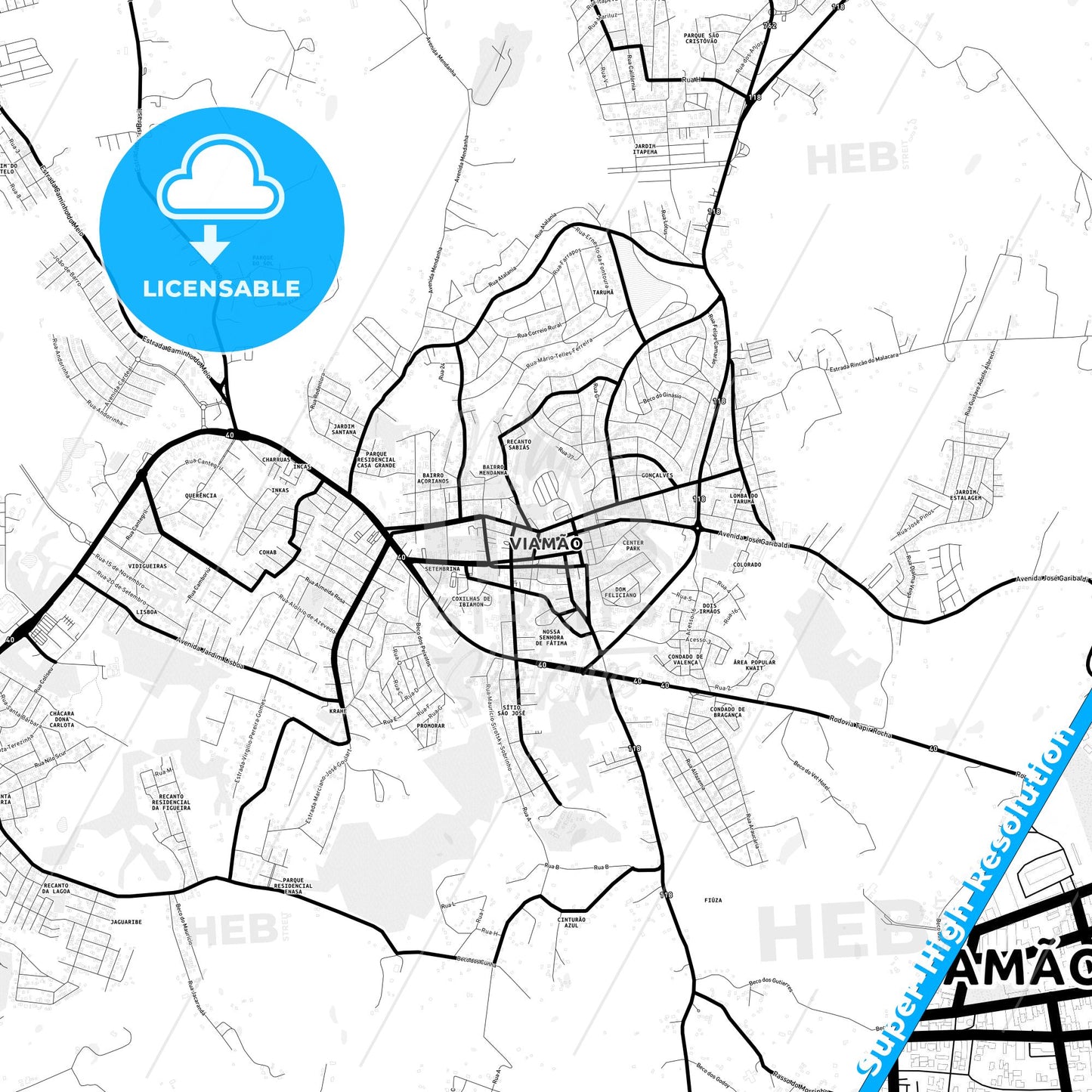 Viamao, Brazil Light Map with Street Names, City Names, and Districts